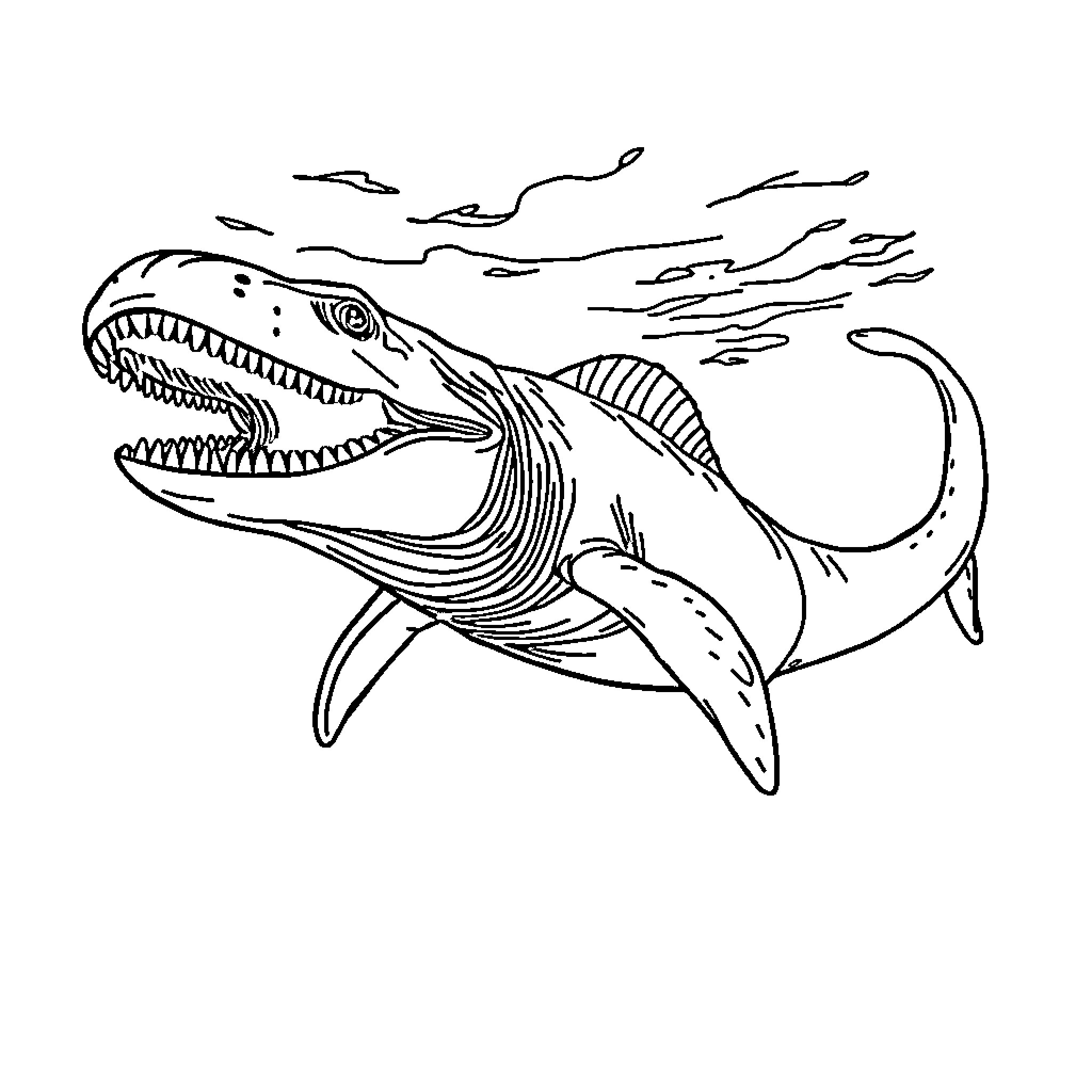 Mosasaurs menacing underwater Coloring Page (free black-and-white line drawing printable PDF for all, from beginners to advanced learners, including children, teens, adults, and seniors)