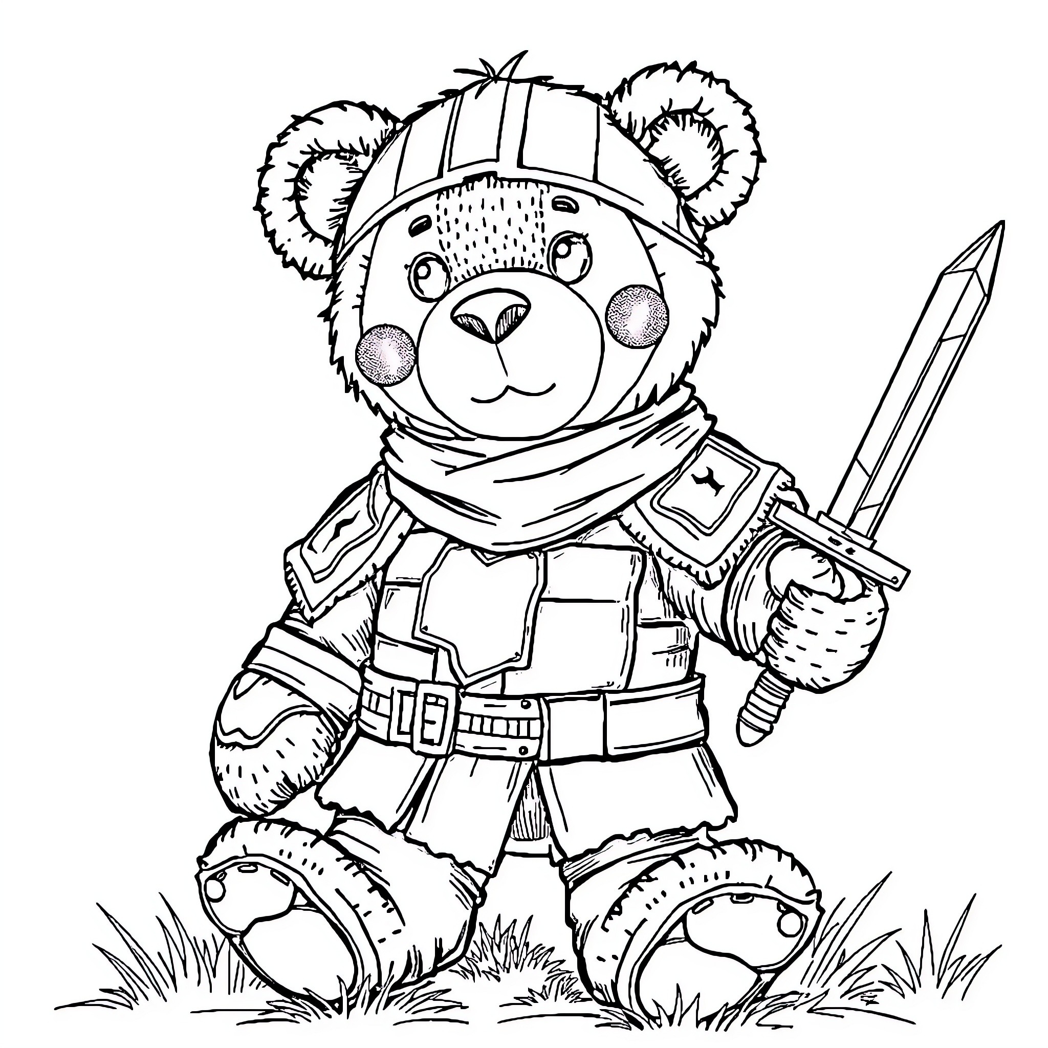 Bear soldier with protective equipment and weapon Coloring Page (free black-and-white line drawing printable PDF for all, from beginners to advanced learners, including children, teens, adults, and seniors)
