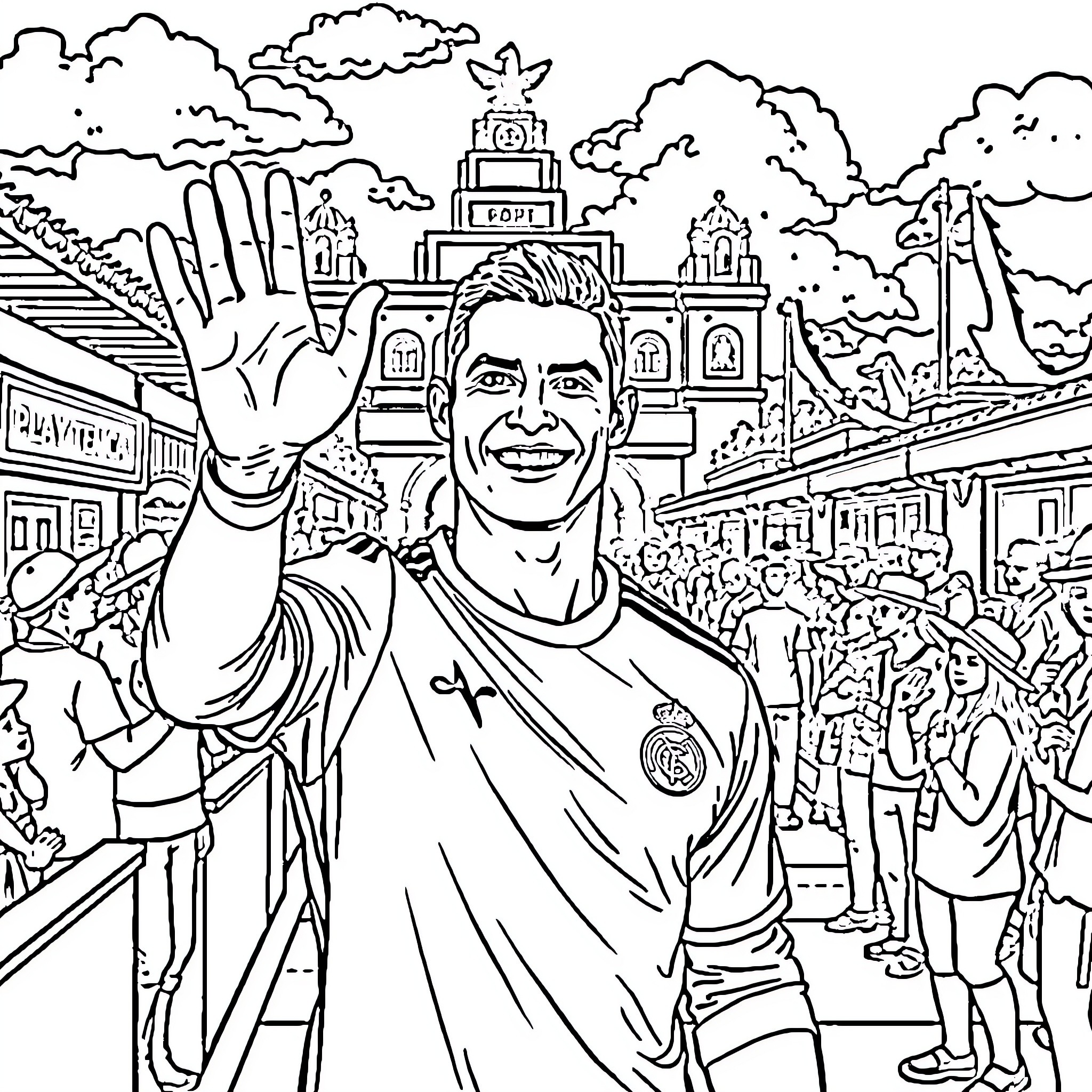 Cristiano Ronaldo Greeting Fans with Enthusiasm Coloring Page (free black-and-white line drawing printable PDF for all, from beginners to advanced learners, including children, teens, adults, and seniors)