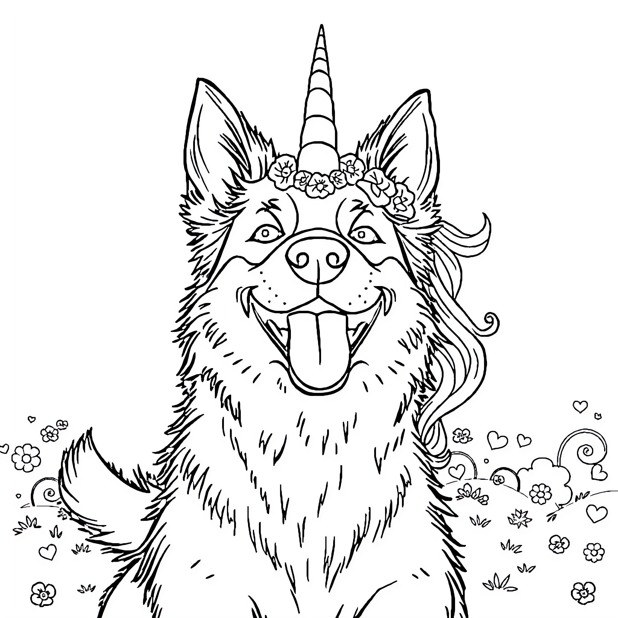 Dog with unicorn horn and floral crown Coloring Page (free black-and-white line drawing printable PDF for all, from beginners to advanced learners, including children, teens, adults, and seniors)