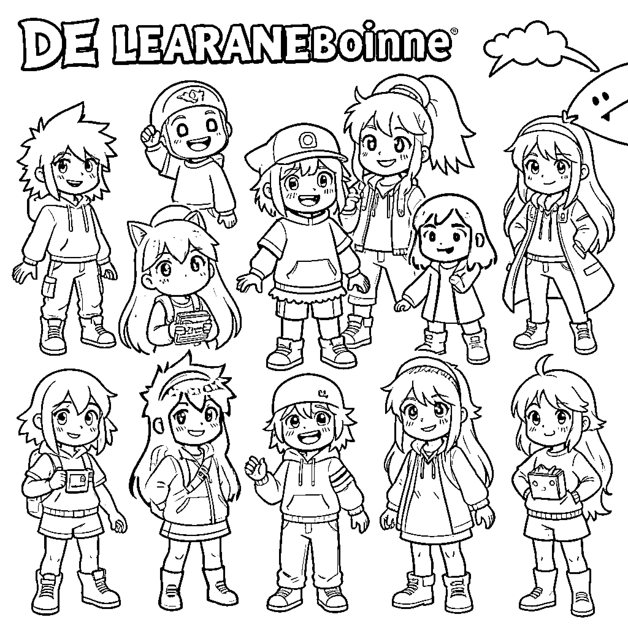 Deltarune Character Lineup with Various Poses and Outfits Coloring Page (free black-and-white line drawing printable PDF for all, from beginners to advanced learners, including children, teens, adults, and seniors)