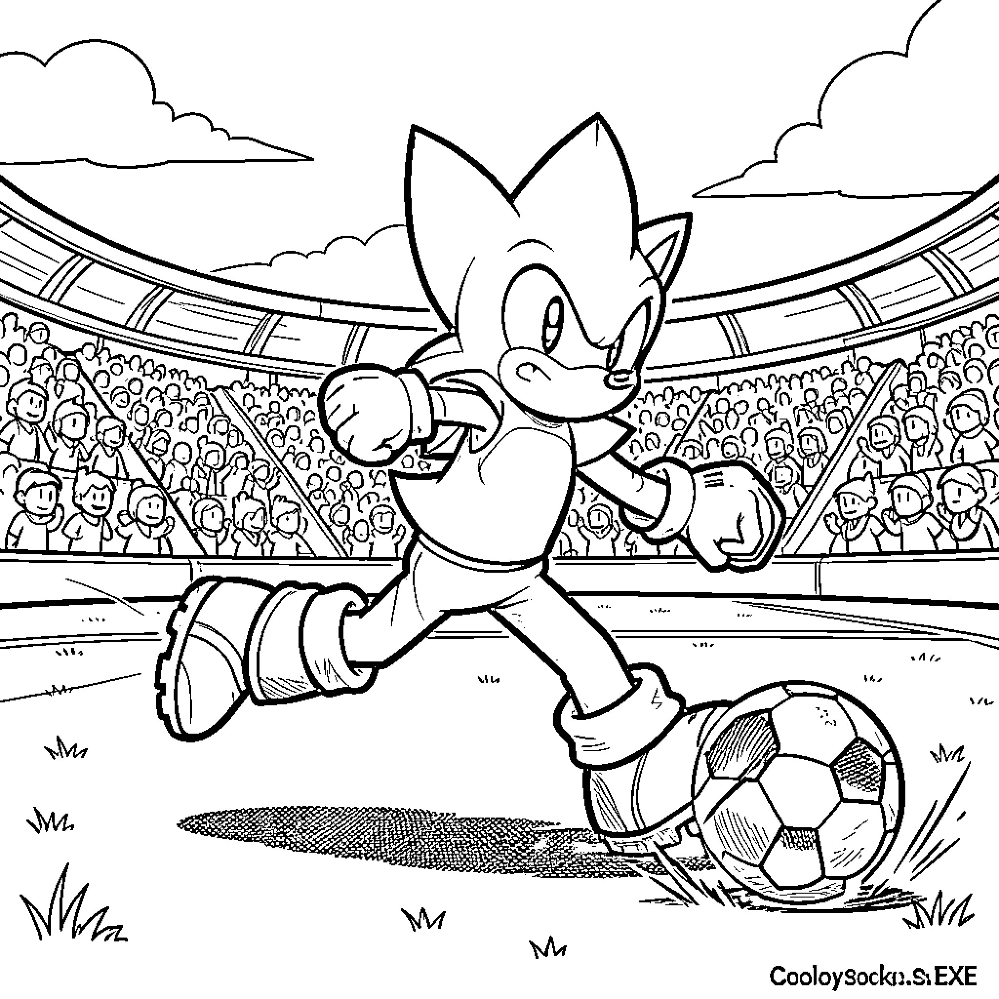 Sonic playing soccer in a crowded stadium Coloring Page (free black-and-white line drawing printable PDF for all, from beginners to advanced learners, including children, teens, adults, and seniors)