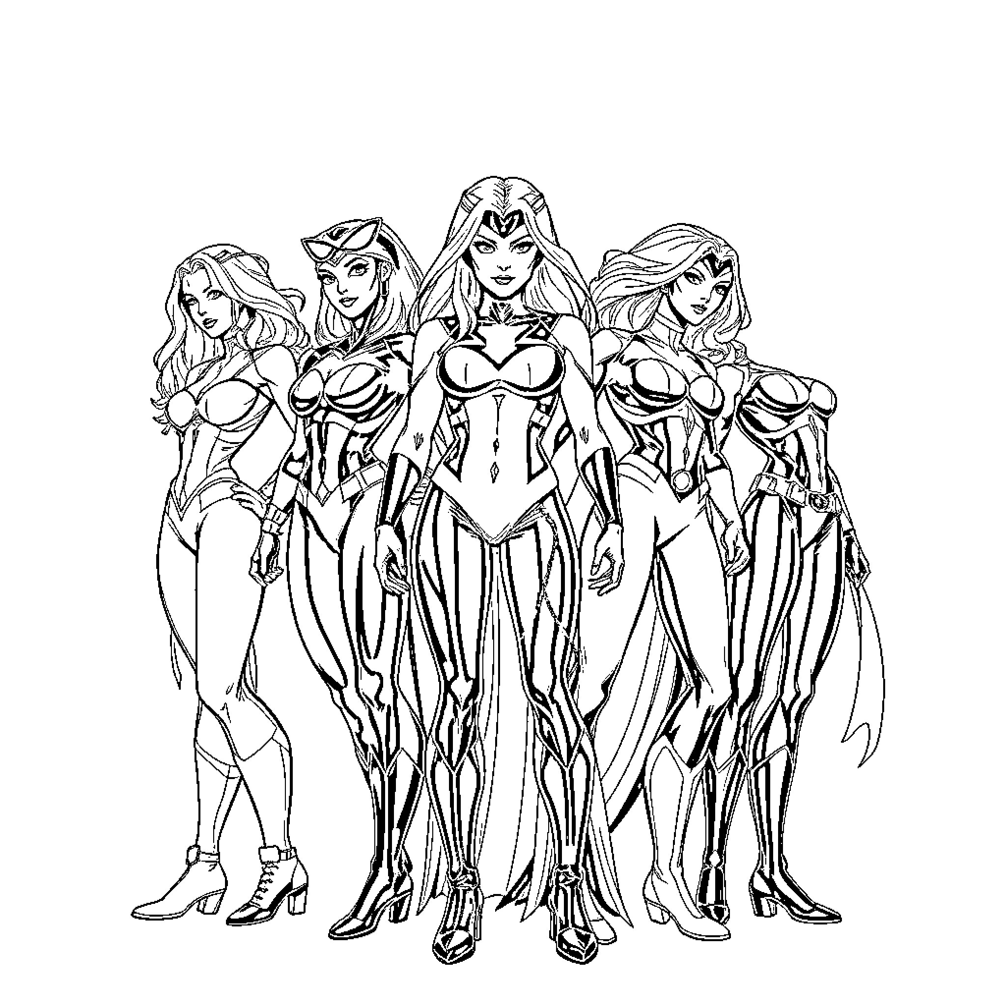 Lady Superheroes in Powerful Poses Coloring Page (free black-and-white line drawing printable PDF for all, from beginners to advanced learners, including children, teens, adults, and seniors)