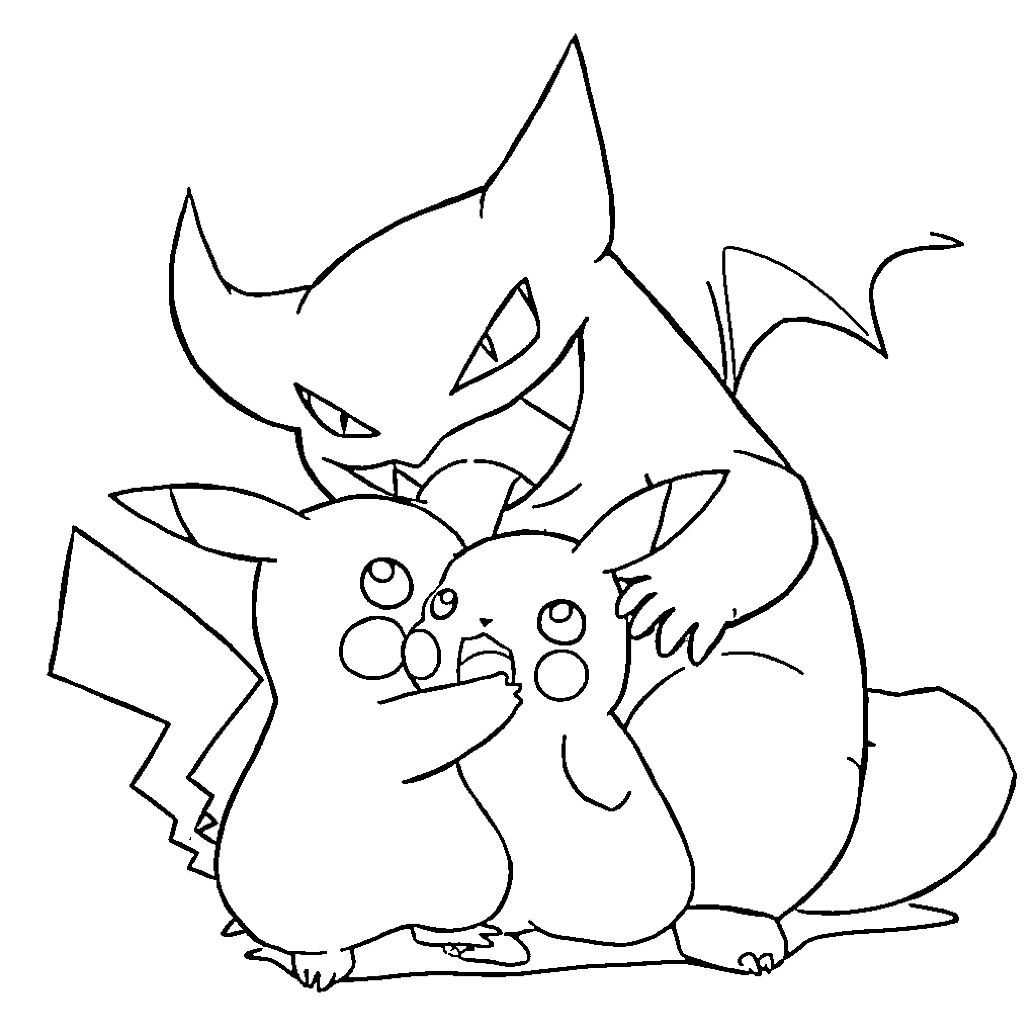 Gengar and its Mischievous Companions Coloring Page (free black-and-white line drawing printable PDF for all, from beginners to advanced learners, including children, teens, adults, and seniors)