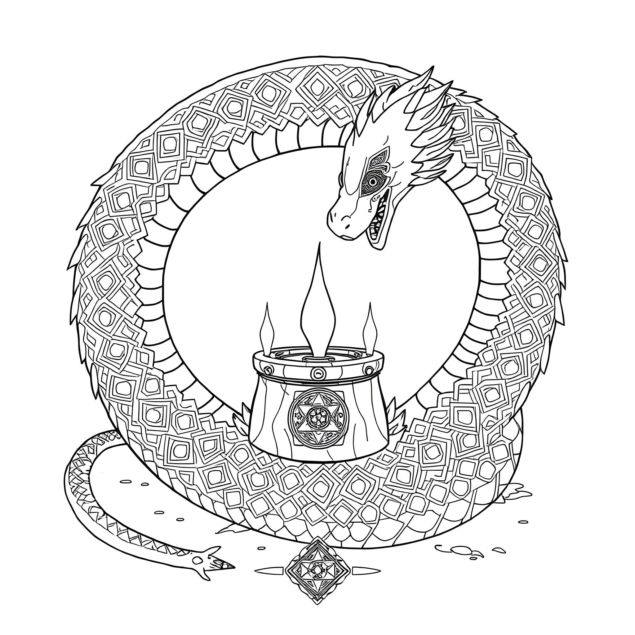 Uktena dragon guarding a ceremonial object Coloring Page (free black-and-white line drawing printable PDF for all, from beginners to advanced learners, including children, teens, adults, and seniors)