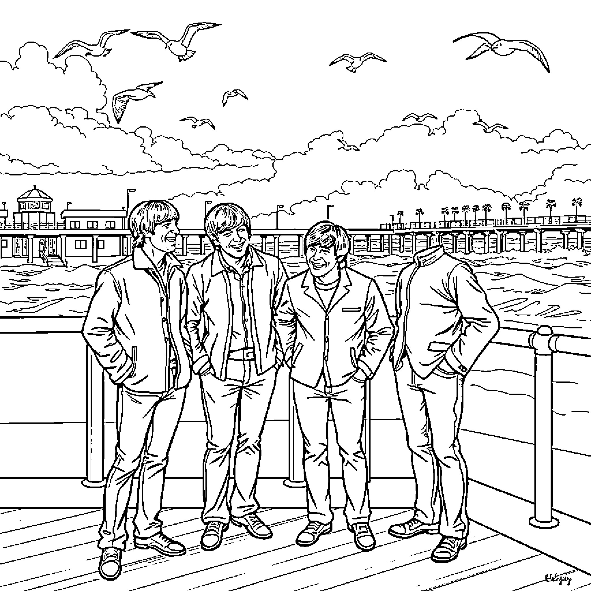 Beatles strolling together on a seaside pier Coloring Page (free black-and-white line drawing printable PDF for all, from beginners to advanced learners, including children, teens, adults, and seniors)