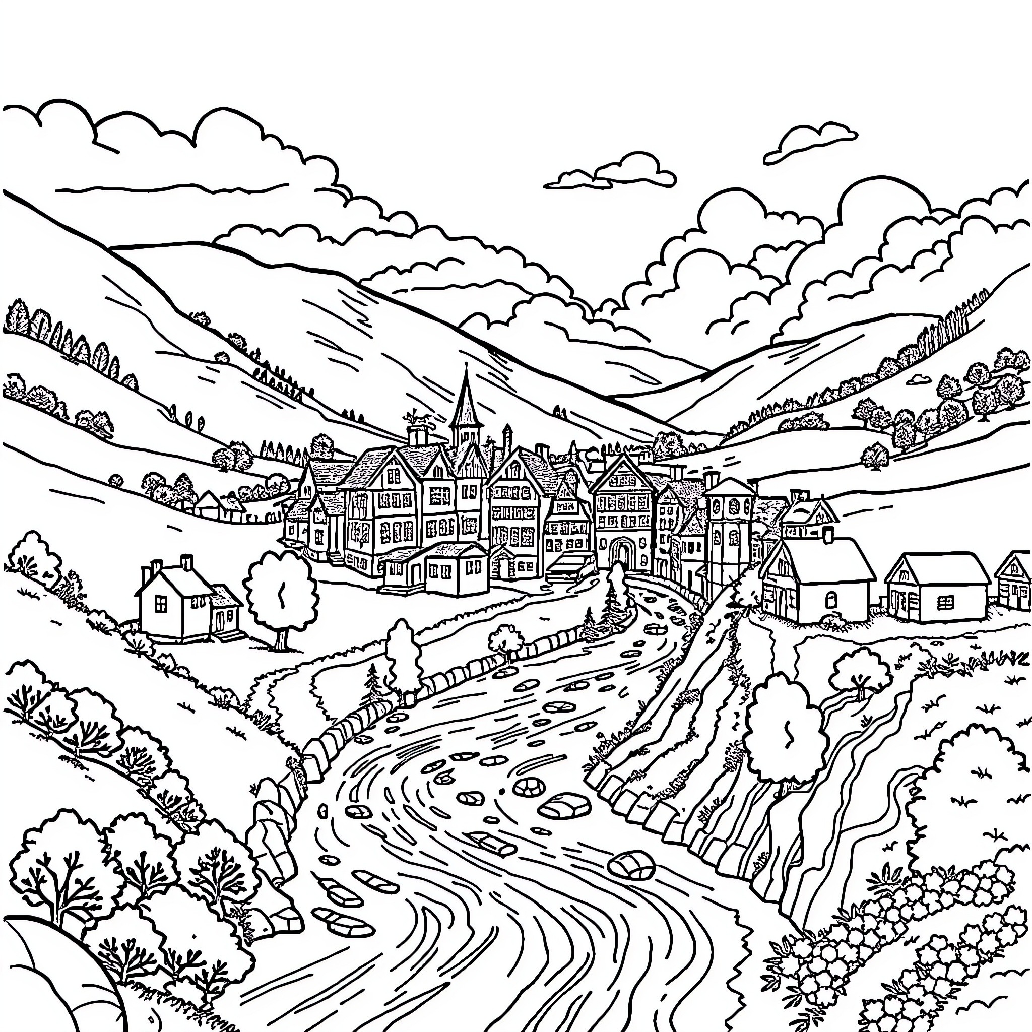Town with buildings, roads, and scenic landscape Coloring Page (free black-and-white line drawing printable PDF for all, from beginners to advanced learners, including children, teens, adults, and seniors)