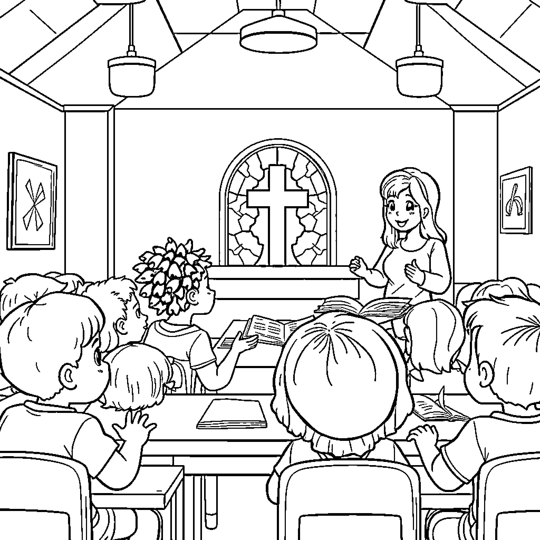 Child attentively listening to teacher in church Coloring Page (free black-and-white line drawing printable PDF for all, from beginners to advanced learners, including children, teens, adults, and seniors)