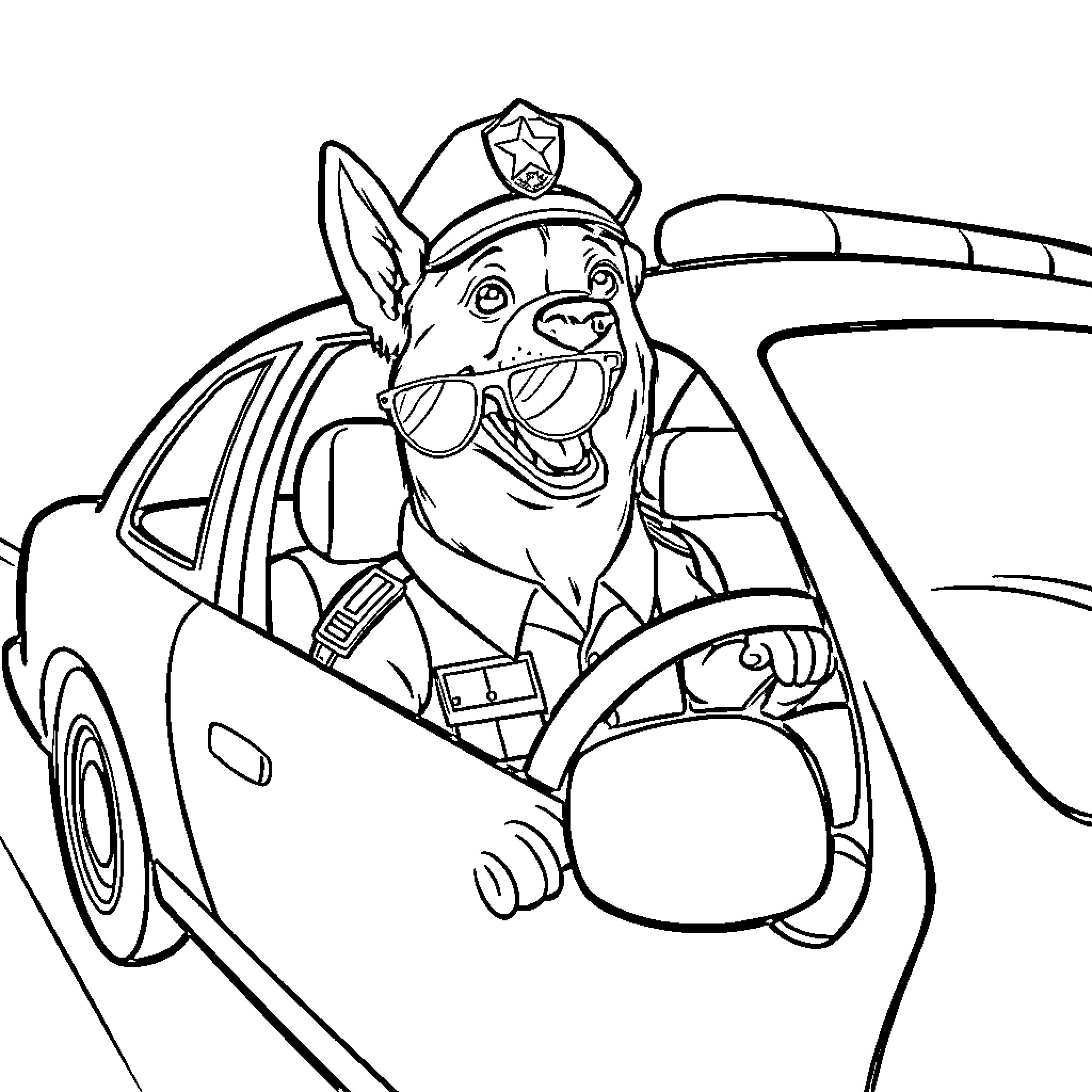Dogman happily driving police car Coloring Page (free black-and-white line drawing printable PDF for all, from beginners to advanced learners, including children, teens, adults, and seniors)