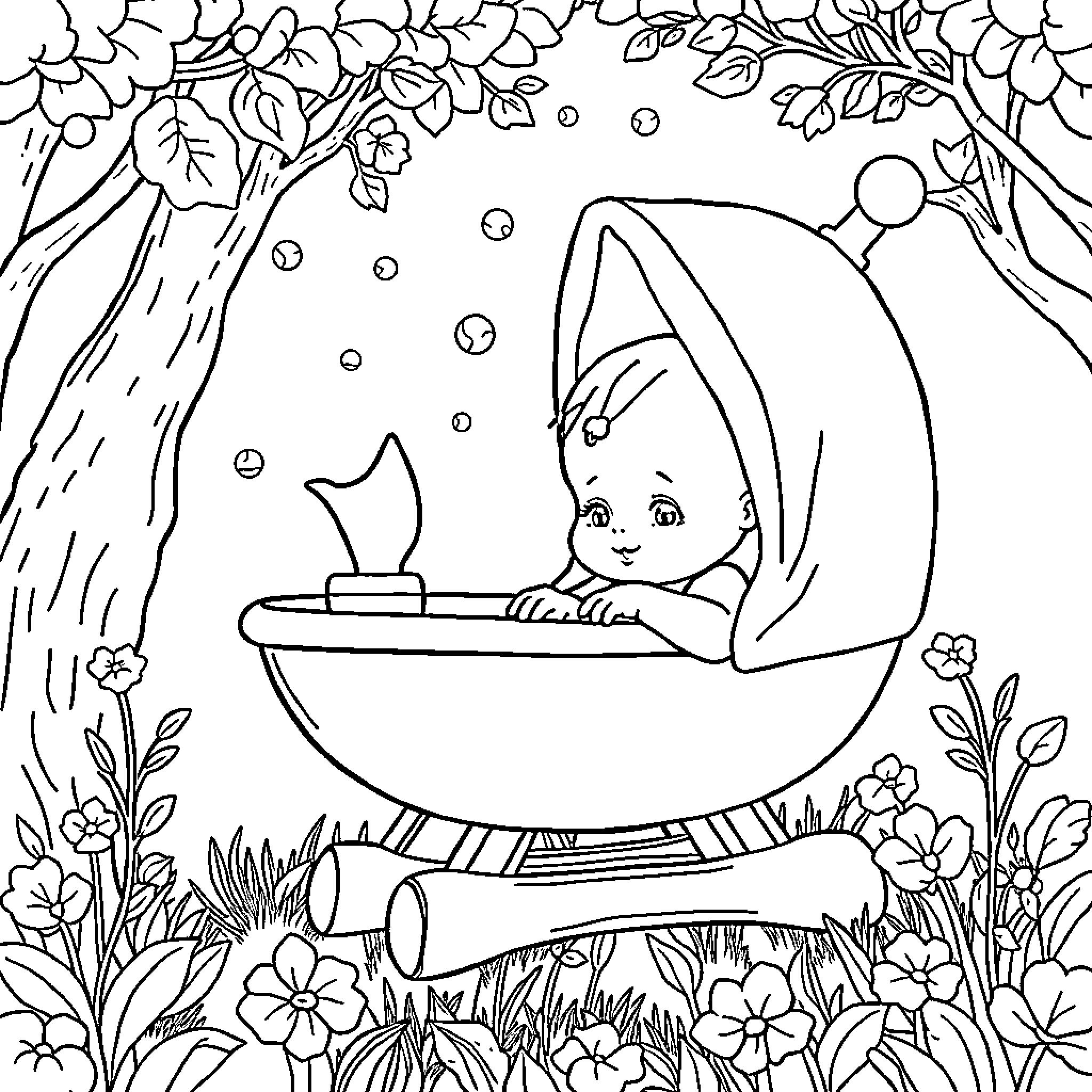 Baby enjoying nature in a stroller Coloring Page (free black-and-white line drawing printable PDF for all, from beginners to advanced learners, including children, teens, adults, and seniors)