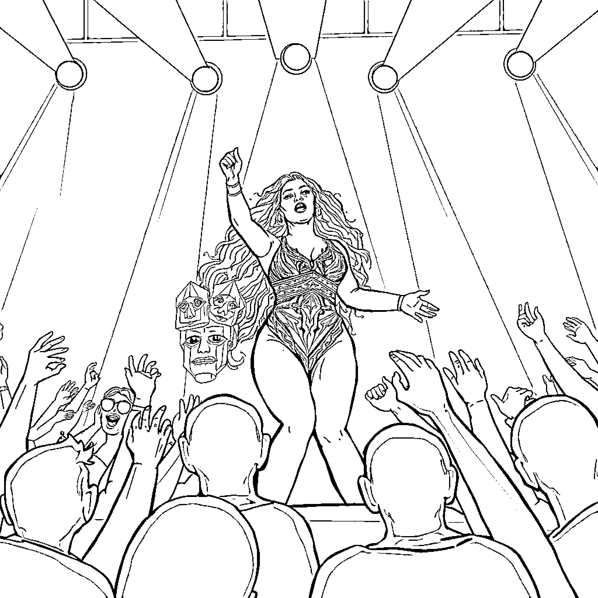 Beyonce Performing on Stage for Adoring Crowd Coloring Page (free black-and-white line drawing printable PDF for all, from beginners to advanced learners, including children, teens, adults, and seniors)