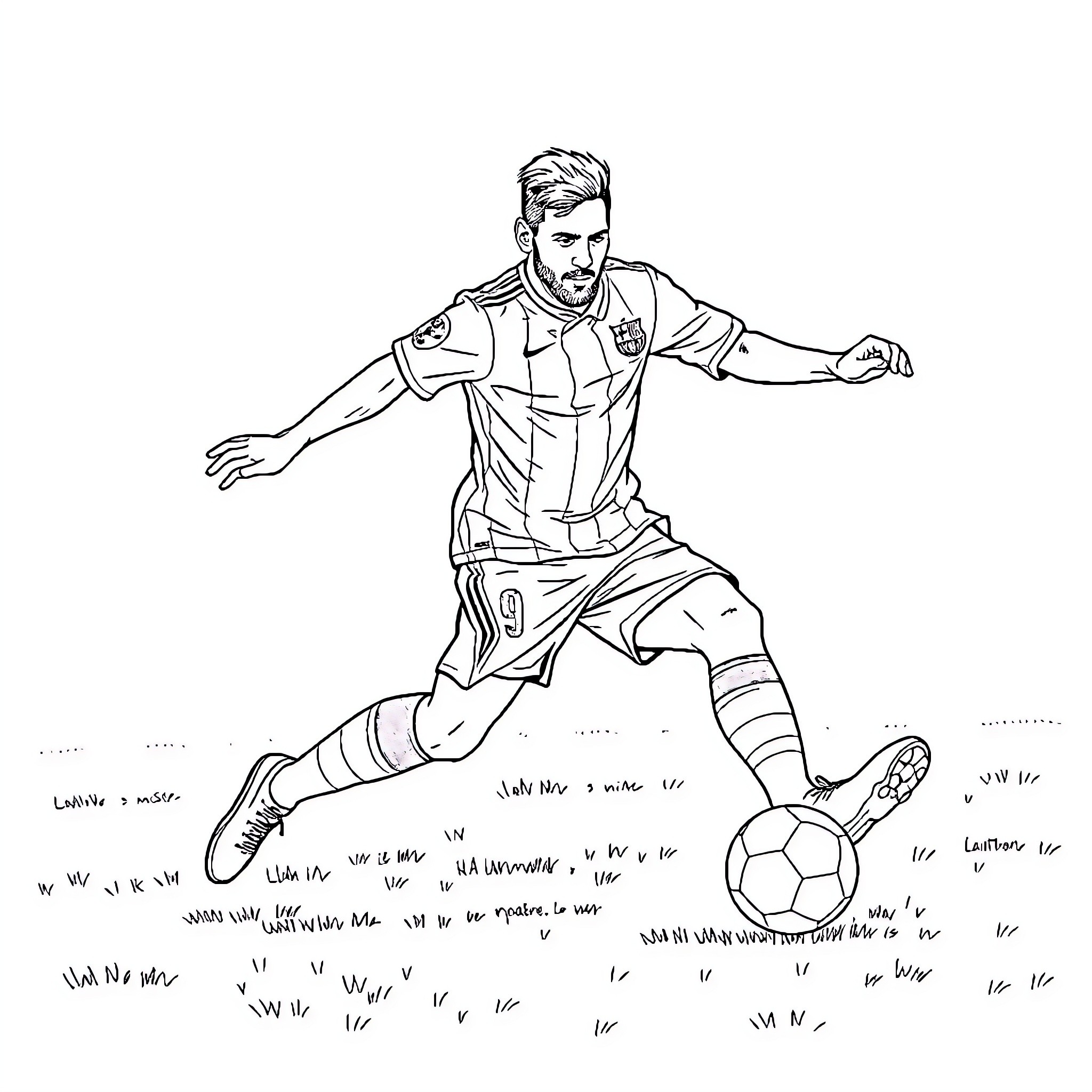 Messi dribbling with the ball on the field Coloring Page (free black-and-white line drawing printable PDF for all, from beginners to advanced learners, including children, teens, adults, and seniors)