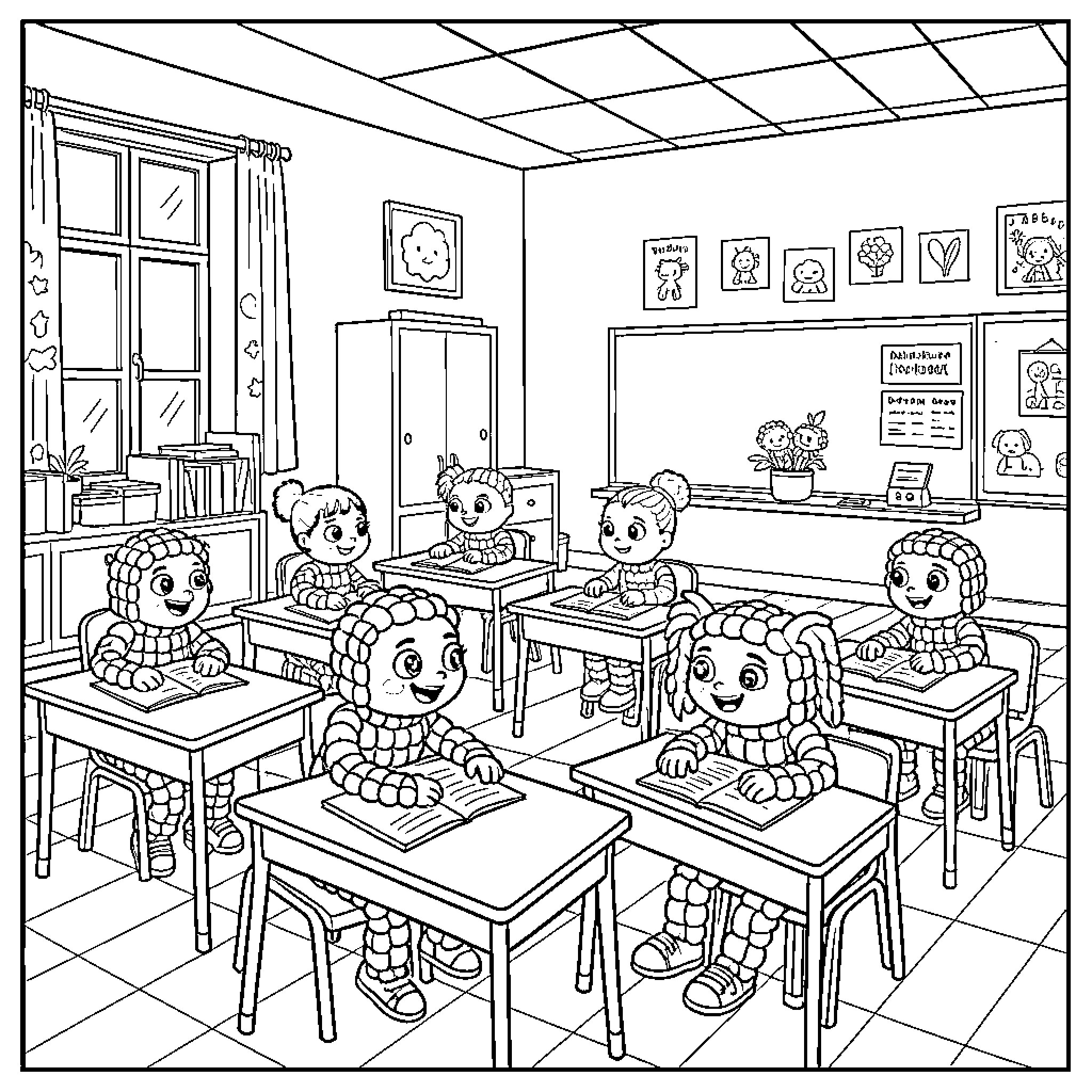 Bead Dolls Learning in Classroom Coloring Page (free black-and-white line drawing printable PDF for all, from beginners to advanced learners, including children, teens, adults, and seniors)