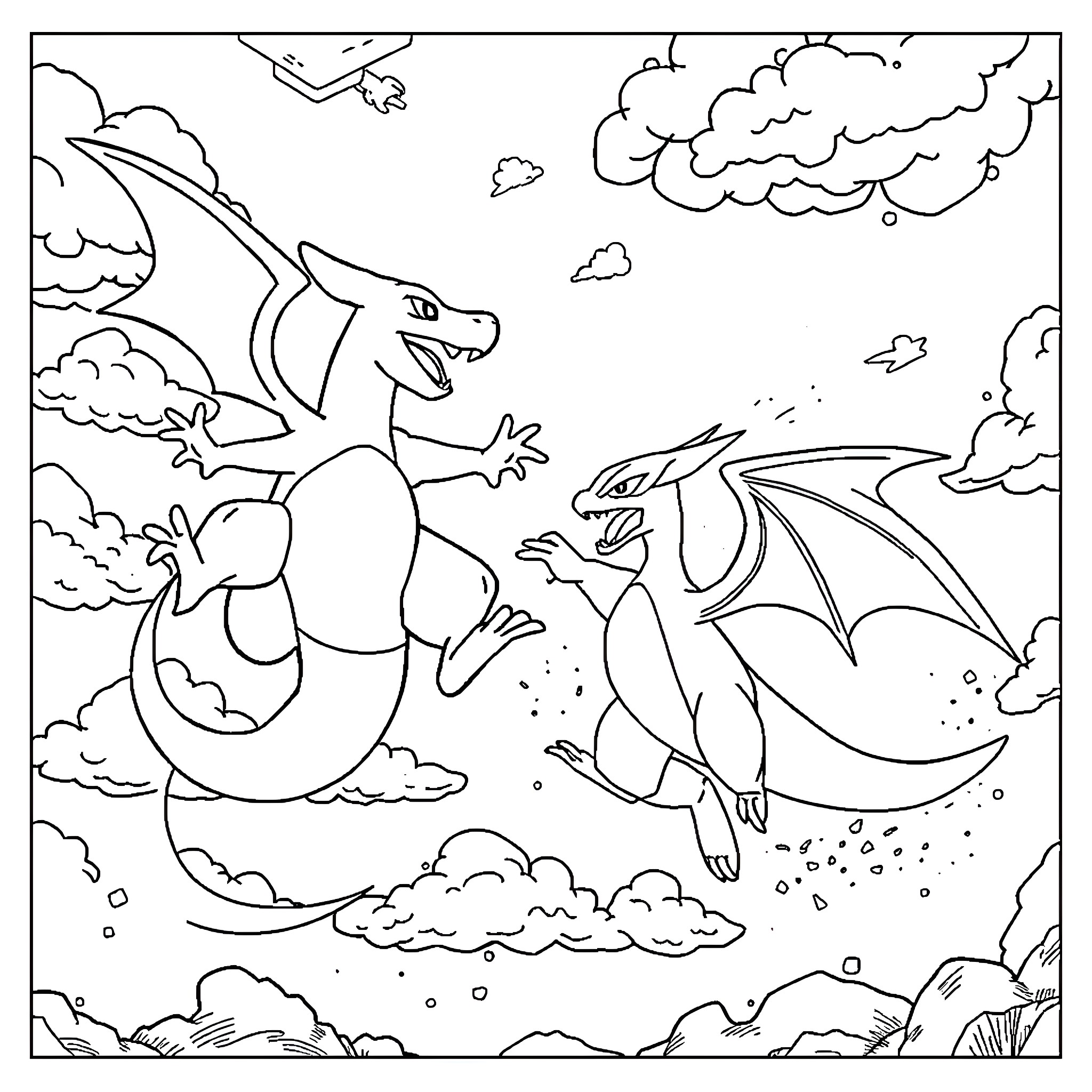 Charizard soaring through the cloudy skies Coloring Page (free black-and-white line drawing printable PDF for all, from beginners to advanced learners, including children, teens, adults, and seniors)