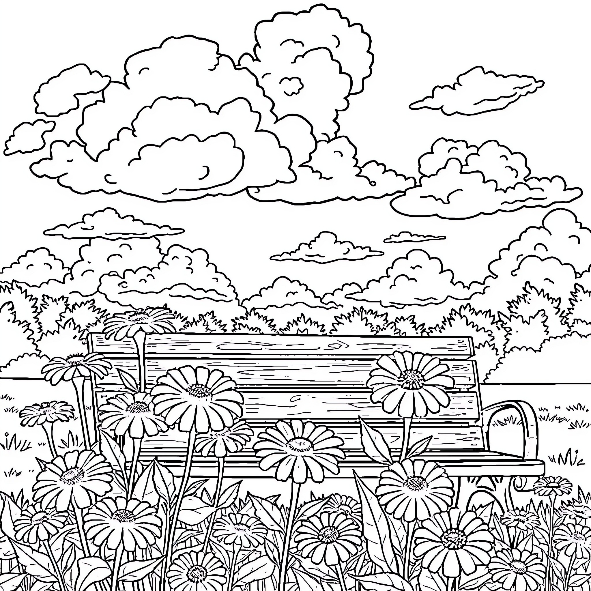 Zinnia flowers blooming in a peaceful meadow Coloring Page (free black-and-white line drawing printable PDF for all, from beginners to advanced learners, including children, teens, adults, and seniors)