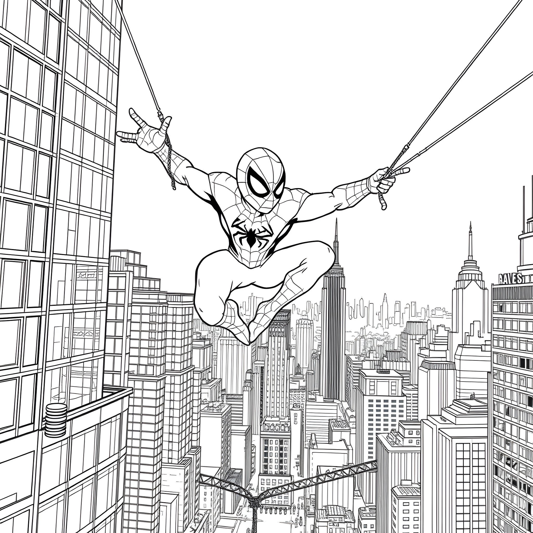 Spidy swinging through the cityscape Coloring Page (free black-and-white line drawing printable PDF for all, from beginners to advanced learners, including children, teens, adults, and seniors)