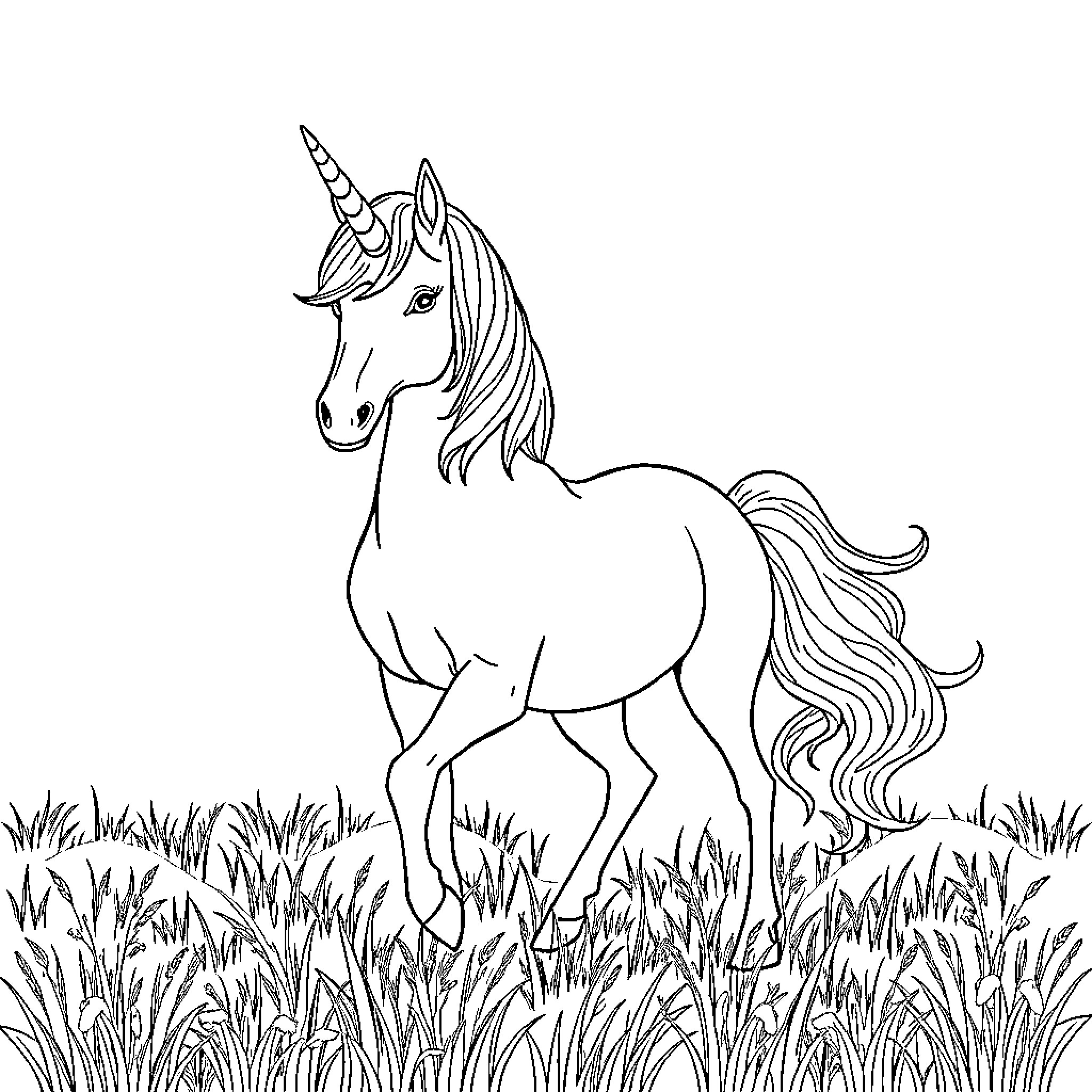 Unicorn standing proudly in a grassy field Coloring Page (free black-and-white line drawing printable PDF for all, from beginners to advanced learners, including children, teens, adults, and seniors)