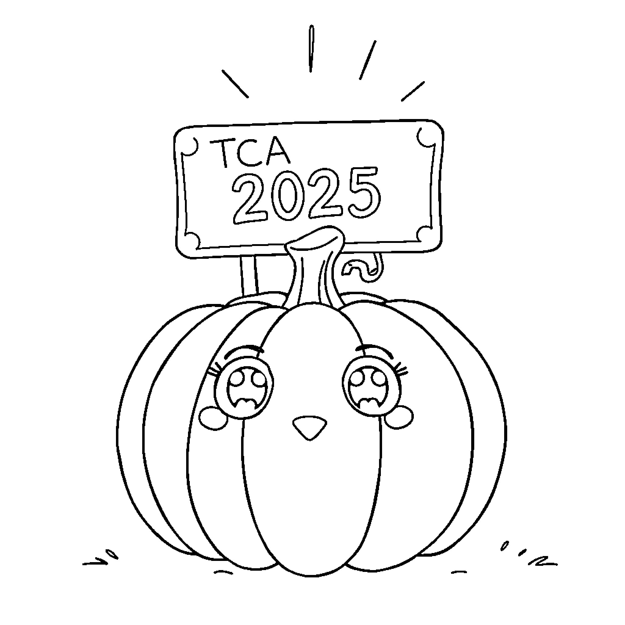 Pumpkin with TCAA 2025 sign Coloring Page (free black-and-white line drawing printable PDF for all, from beginners to advanced learners, including children, teens, adults, and seniors)
