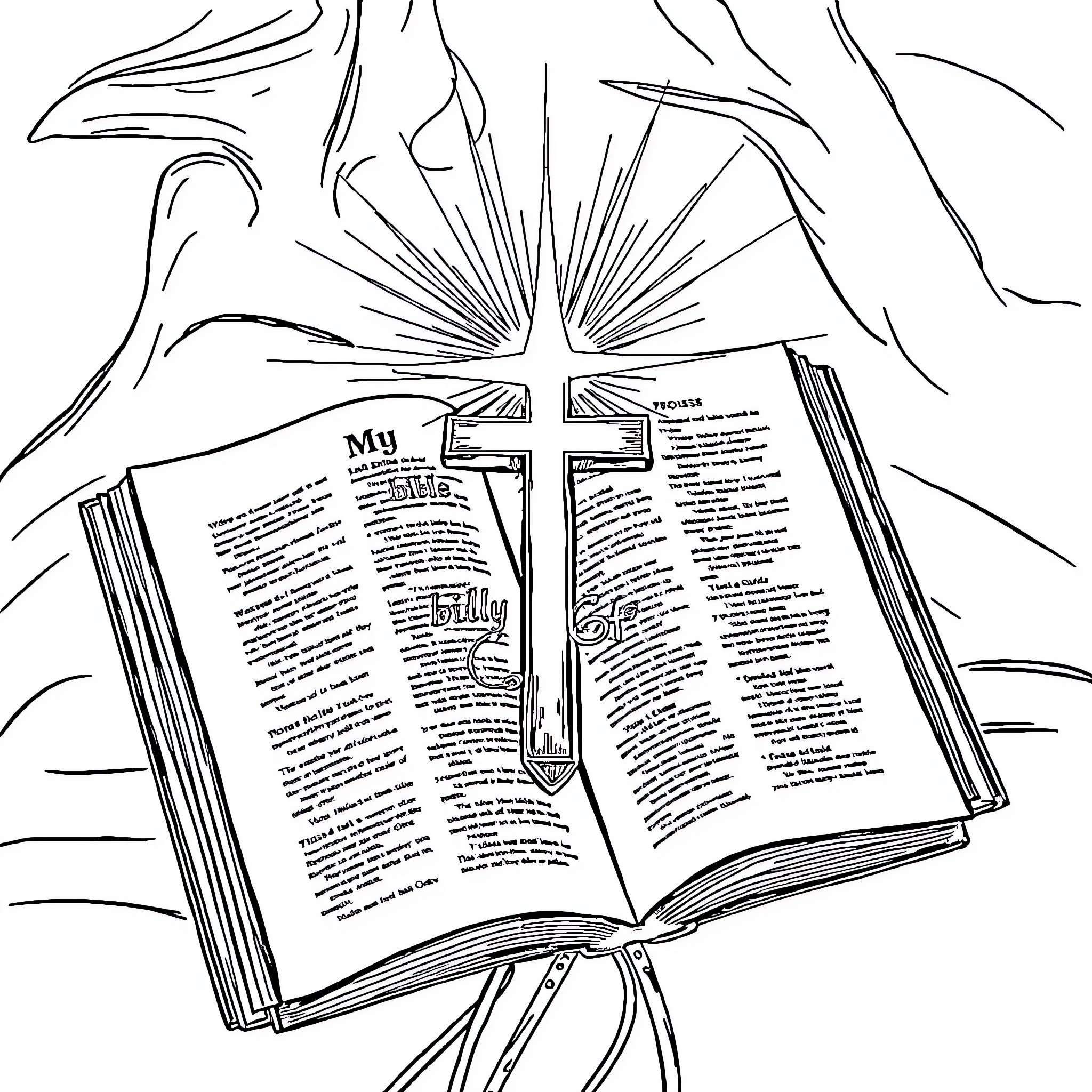 Bible pages with cross and rays of light Coloring Page (free black-and-white line drawing printable PDF for all, from beginners to advanced learners, including children, teens, adults, and seniors)