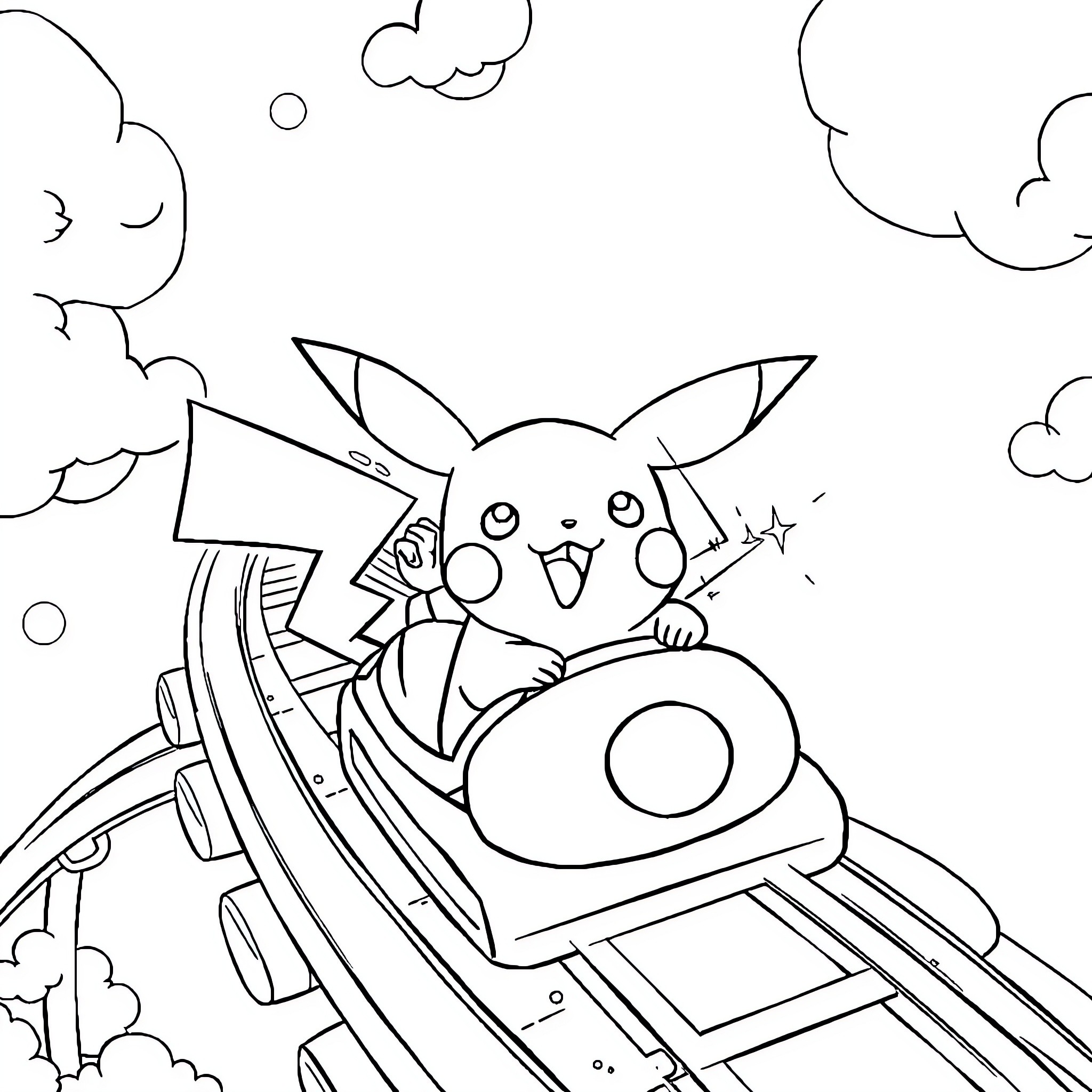Pikachu riding a roller coaster in the clouds Coloring Page (free black-and-white line drawing printable PDF for all, from beginners to advanced learners, including children, teens, adults, and seniors)