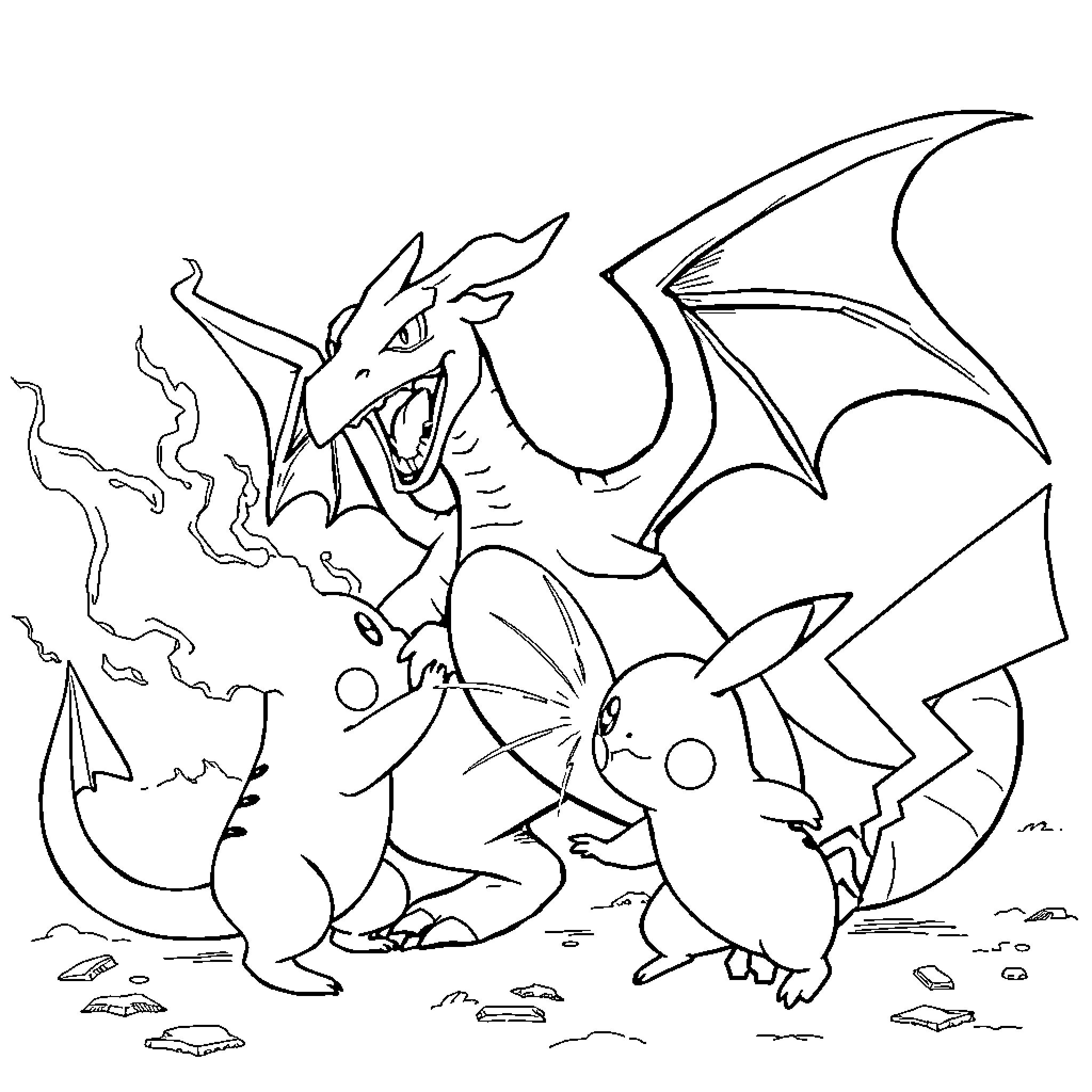 Charizard battling with Pikachu Coloring Page (free black-and-white line drawing printable PDF for all, from beginners to advanced learners, including children, teens, adults, and seniors)