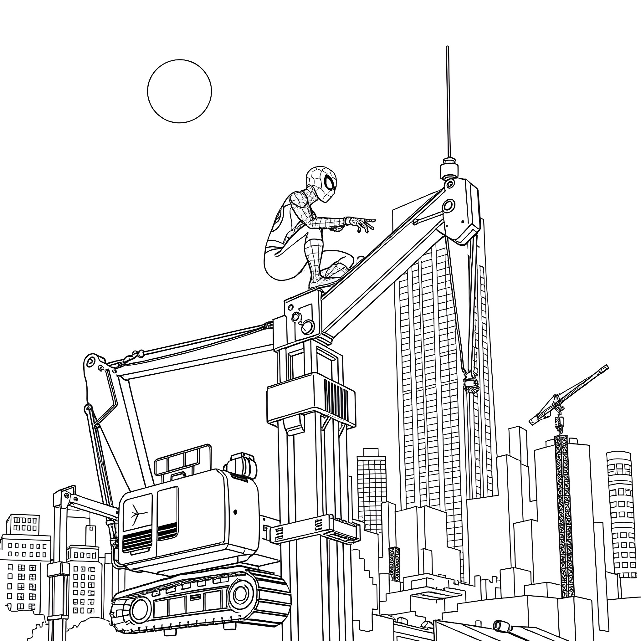 Spider-Man swinging between high-rise buildings in the city Coloring Page (free black-and-white line drawing printable PDF for all, from beginners to advanced learners, including children, teens, adults, and seniors)