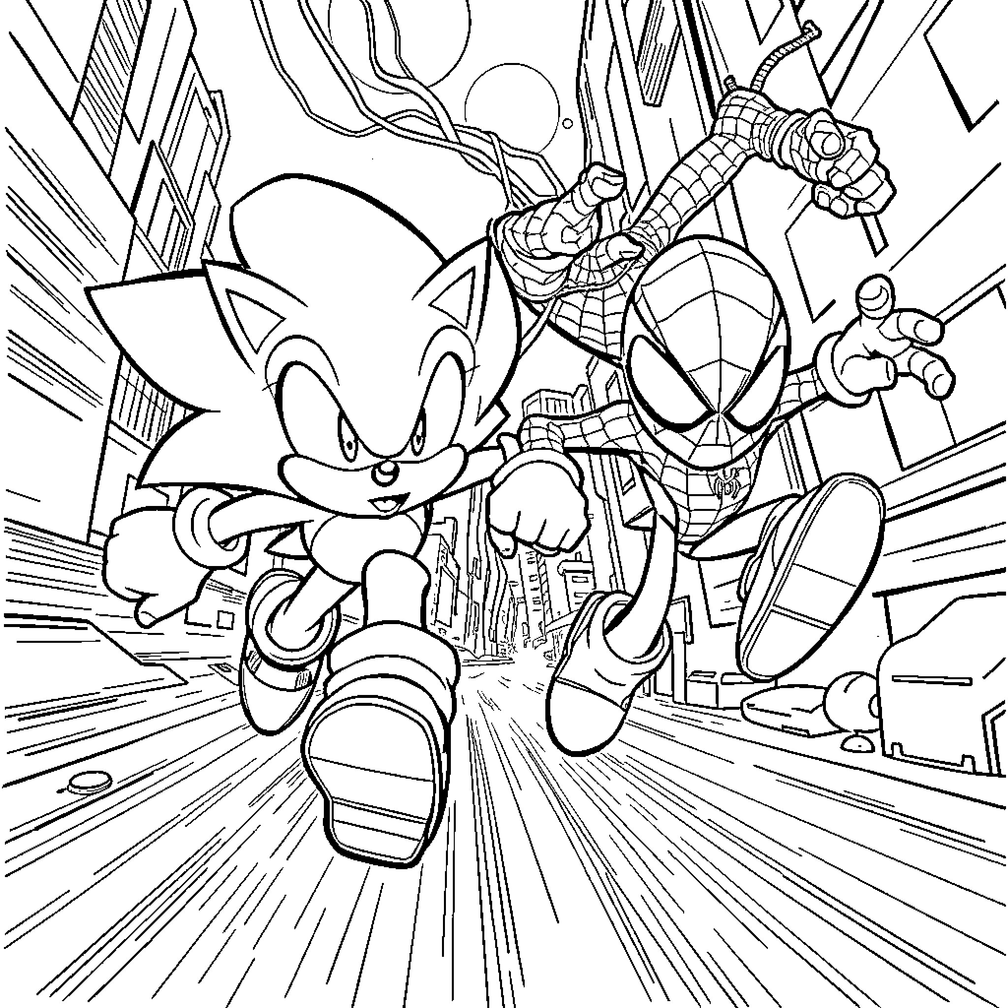 Sonic and Spiderman in action-packed adventure Coloring Page (free black-and-white line drawing printable PDF for all, from beginners to advanced learners, including children, teens, adults, and seniors)
