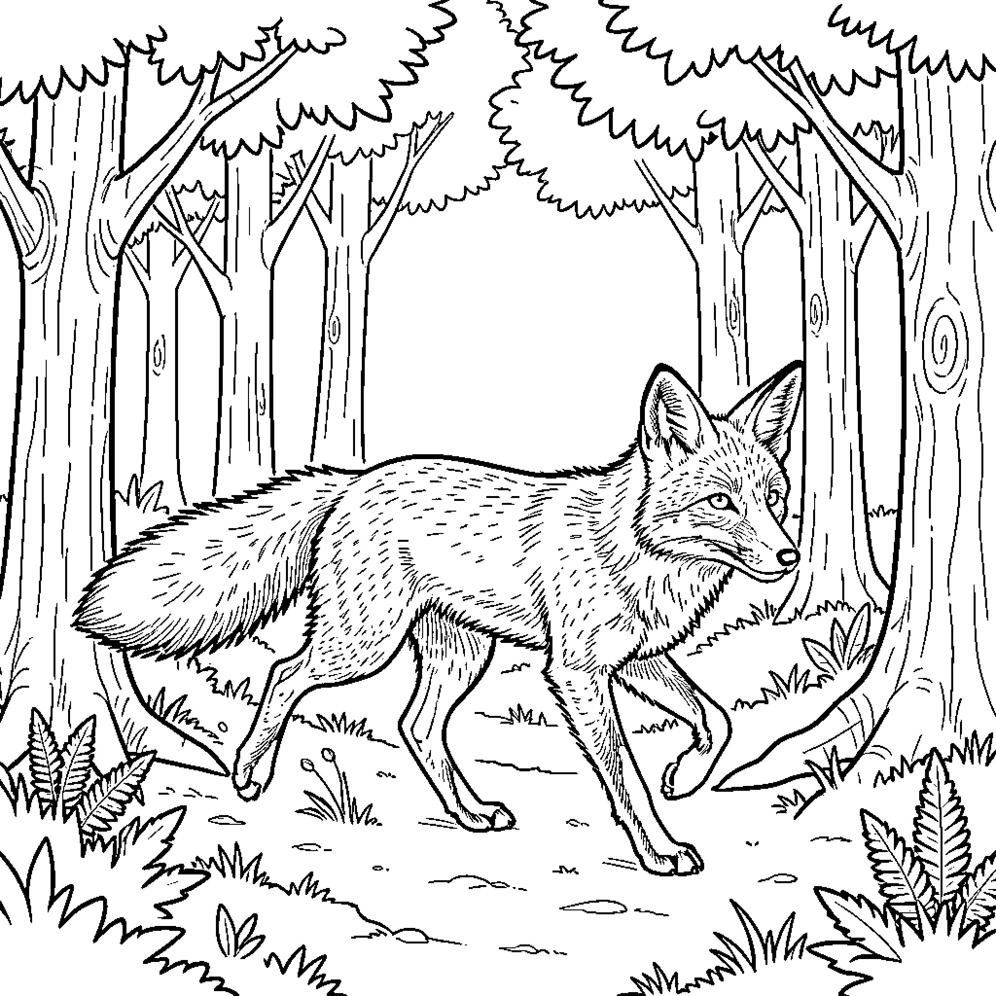 Fox exploring a dense forest Coloring Page (free black-and-white line drawing printable PDF for all, from beginners to advanced learners, including children, teens, adults, and seniors)
