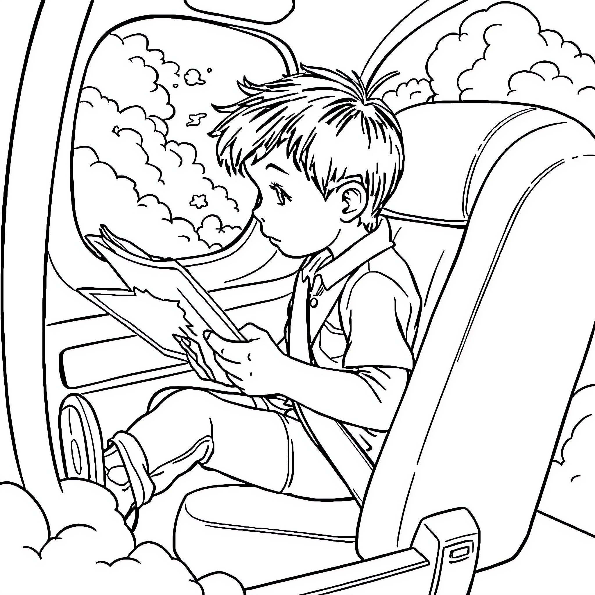 Child reading book in car during journey Coloring Page (free black-and-white line drawing printable PDF for all, from beginners to advanced learners, including children, teens, adults, and seniors)