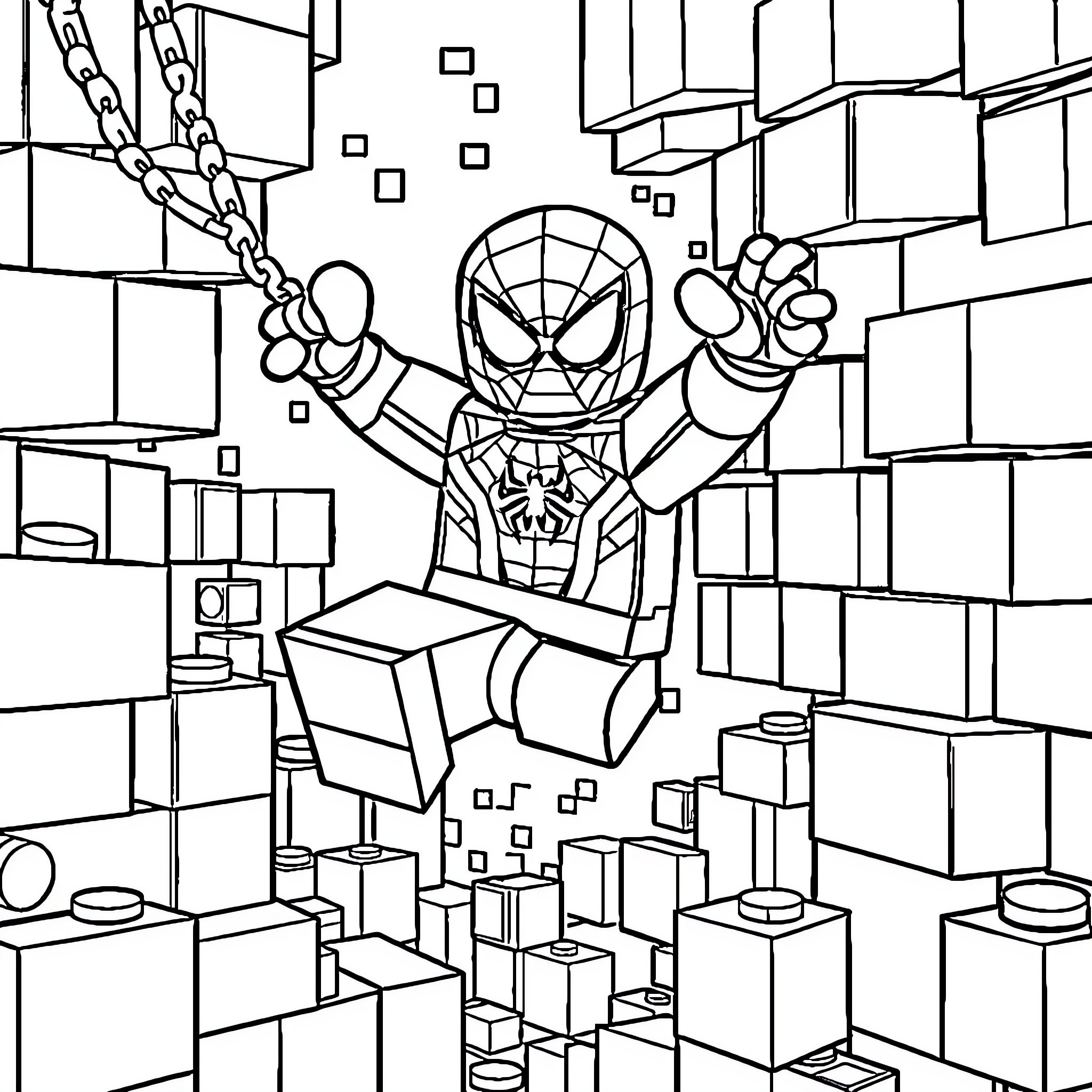 Spider-Man Swinging Through the City Coloring Page (free black-and-white line drawing printable PDF for all, from beginners to advanced learners, including children, teens, adults, and seniors)