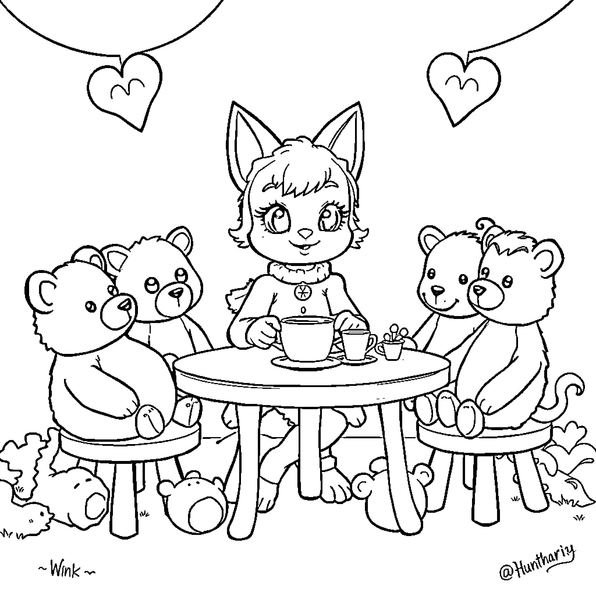 Rumi's Cozy Tea Party with Furry Friends Coloring Page (free black-and-white line drawing printable PDF for all, from beginners to advanced learners, including children, teens, adults, and seniors)