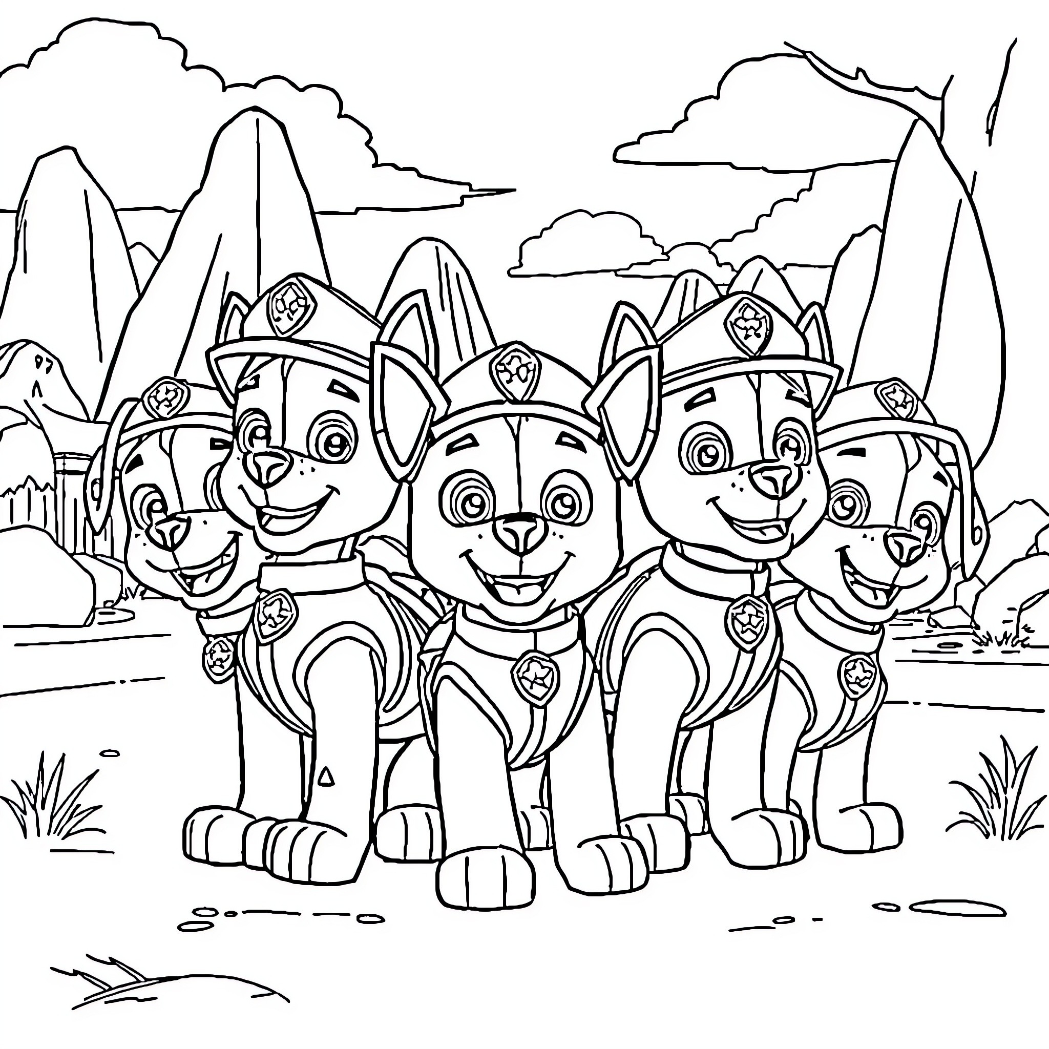 Paw Patrol Team in a Mountainous Landscape Coloring Page (free black-and-white line drawing printable PDF for all, from beginners to advanced learners, including children, teens, adults, and seniors)