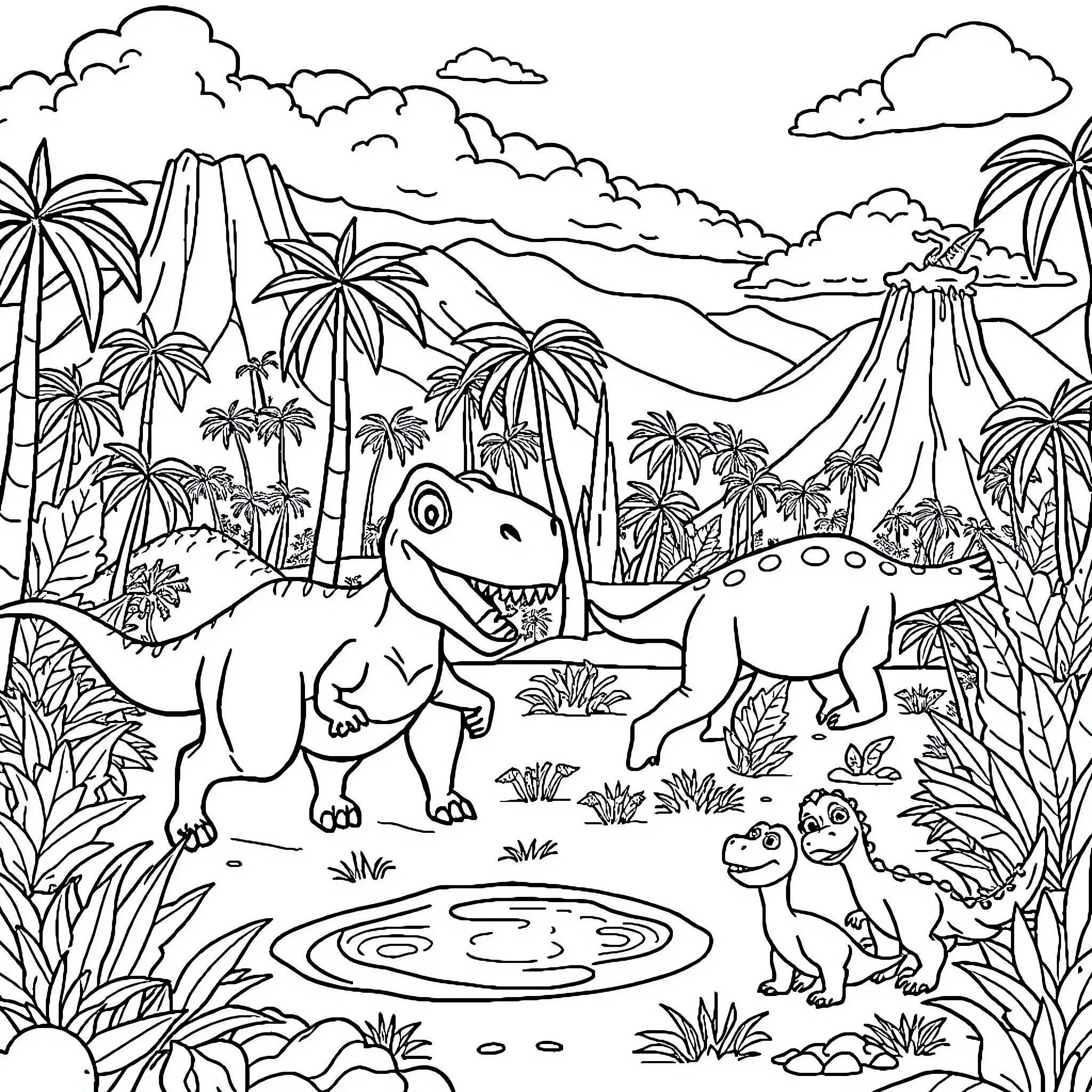 Dinosaurs exploring prehistoric landscape Coloring Page (free black-and-white line drawing printable PDF for all, from beginners to advanced learners, including children, teens, adults, and seniors)