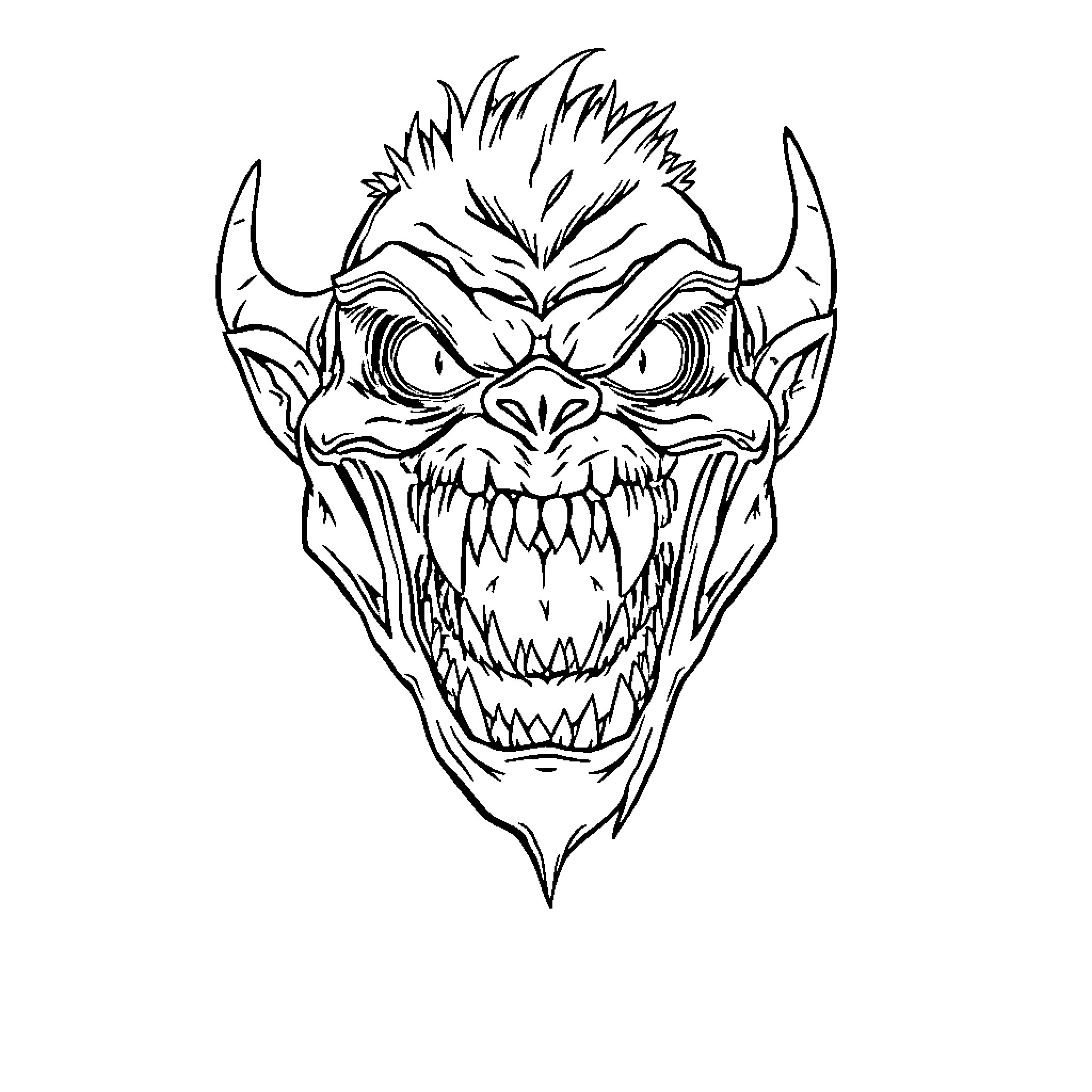 Monster with Fierce Teeth and Horns Coloring Page (free black-and-white line drawing printable PDF for all, from beginners to advanced learners, including children, teens, adults, and seniors)