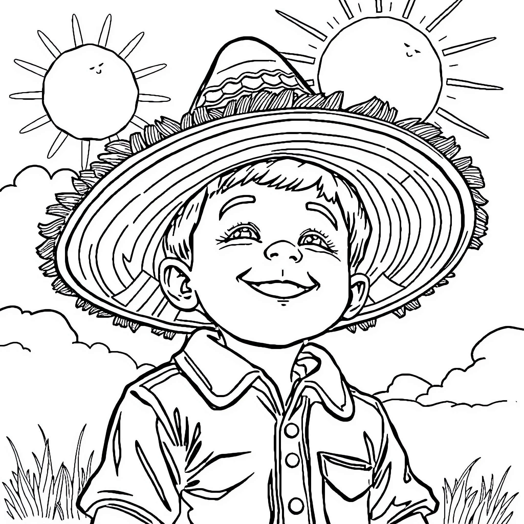 Child Playing Happily in the Sunshine Coloring Page (free black-and-white line drawing printable PDF for all, from beginners to advanced learners, including children, teens, adults, and seniors)