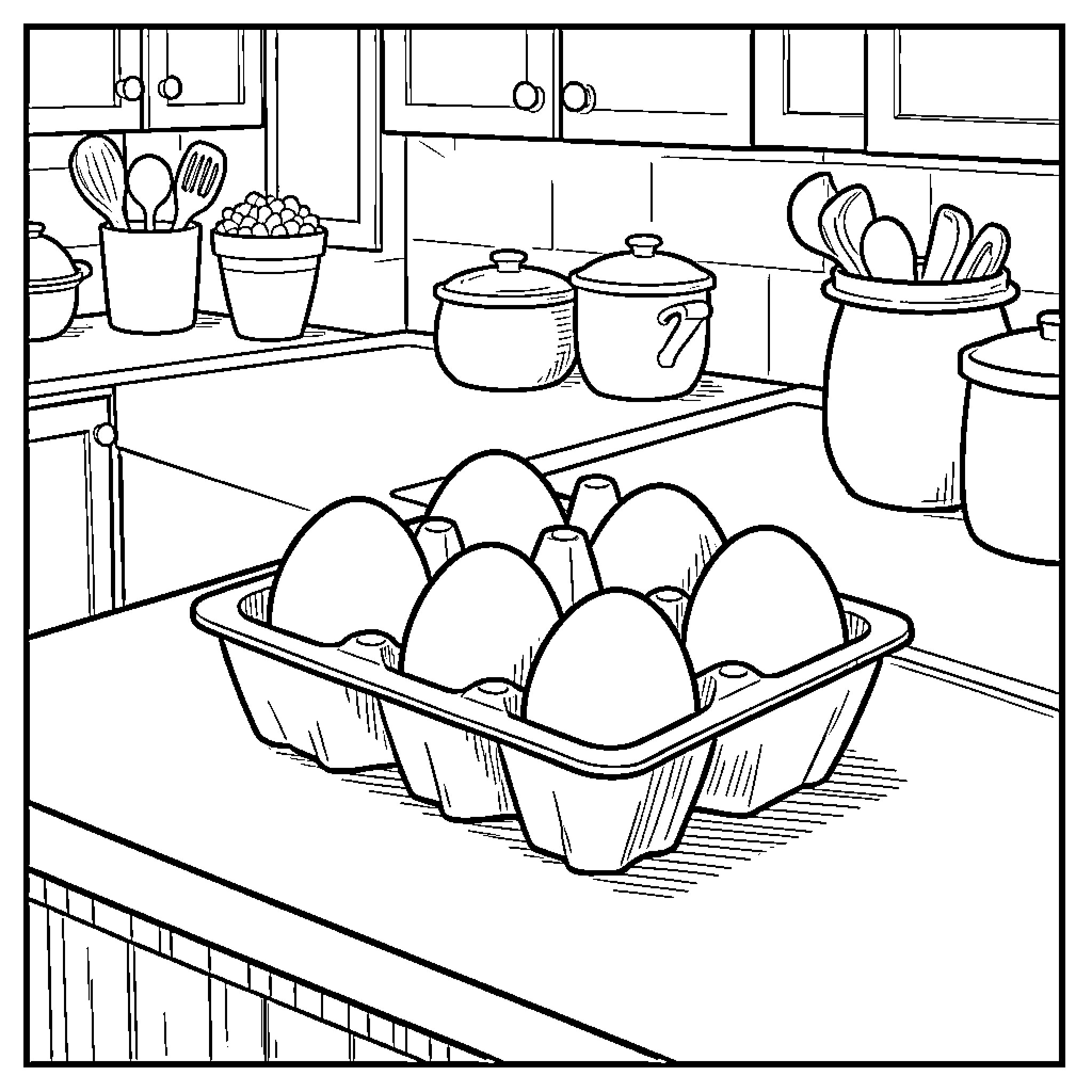 Egg carton sitting on a kitchen countertop Coloring Page (free black-and-white line drawing printable PDF for all, from beginners to advanced learners, including children, teens, adults, and seniors)