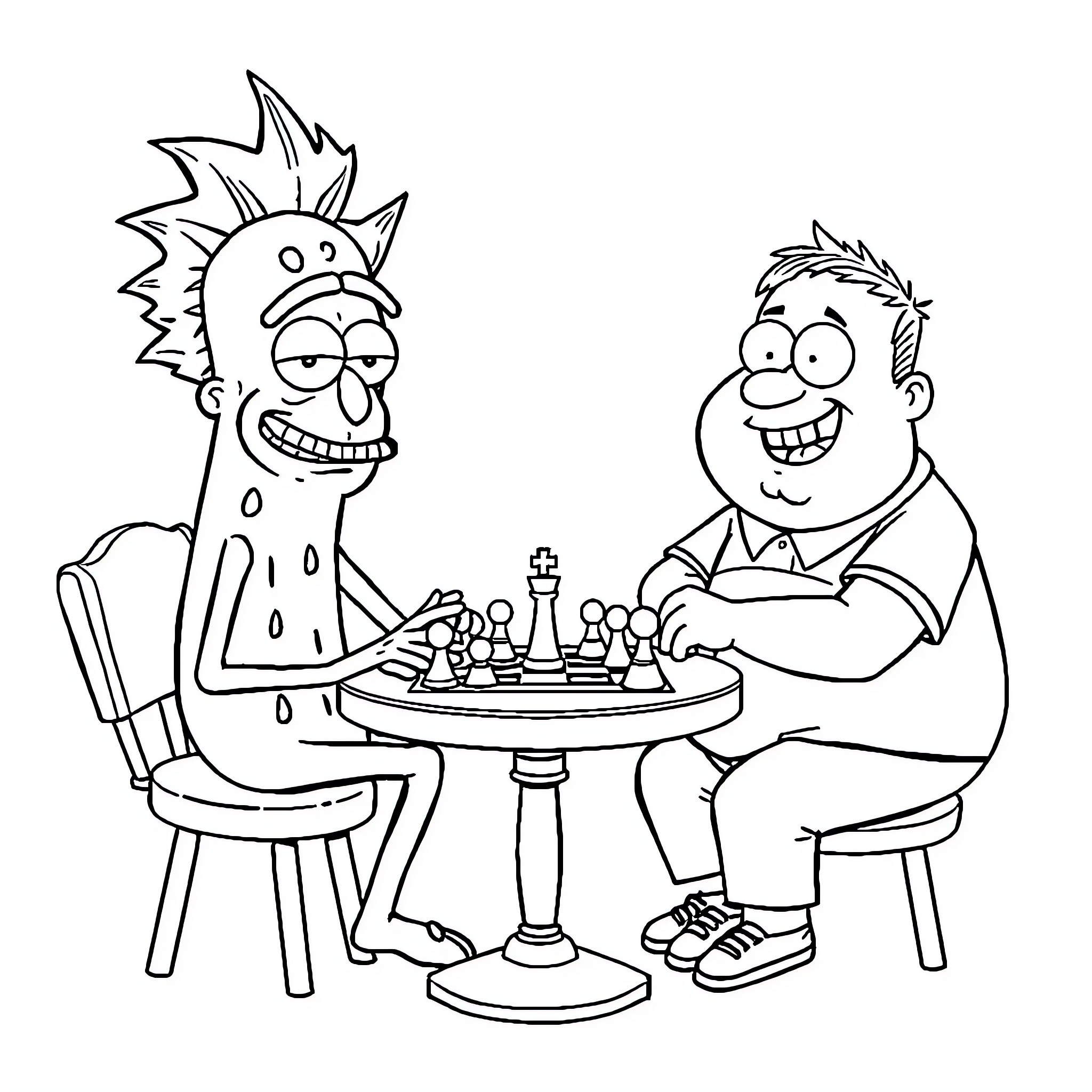 Pickle Rick playing chess with happy man Coloring Page (free black-and-white line drawing printable PDF for all, from beginners to advanced learners, including children, teens, adults, and seniors)