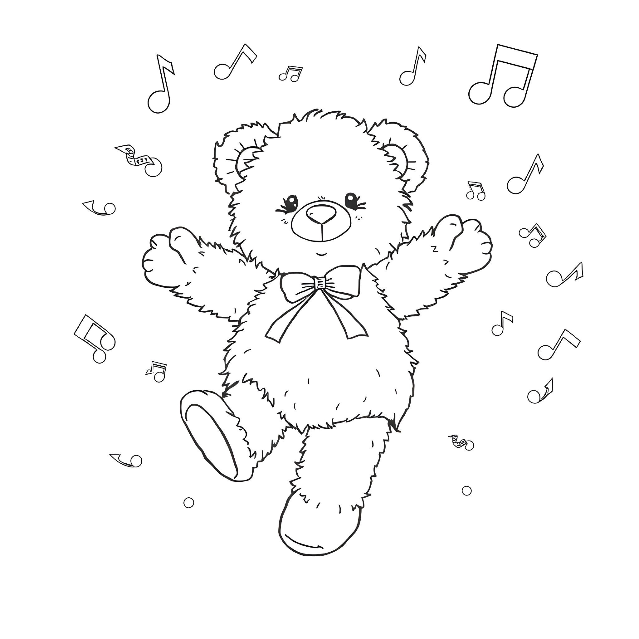 Teddy Bear dancing and surrounded by musical notes Coloring Page (free black-and-white line drawing printable PDF for all, from beginners to advanced learners, including children, teens, adults, and seniors)