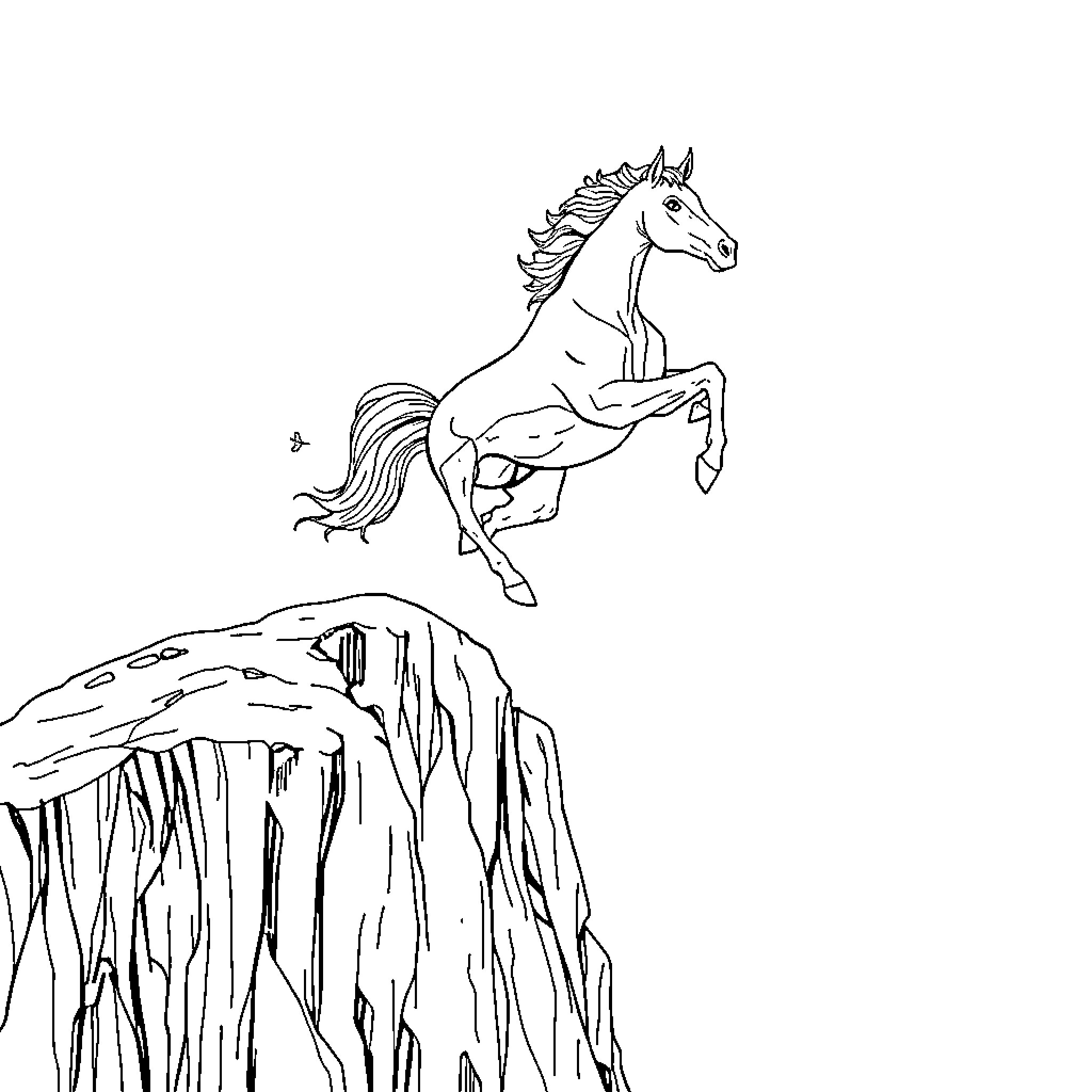 Horse leaping over rocky cliff Coloring Page (free black-and-white line drawing printable PDF for all, from beginners to advanced learners, including children, teens, adults, and seniors)