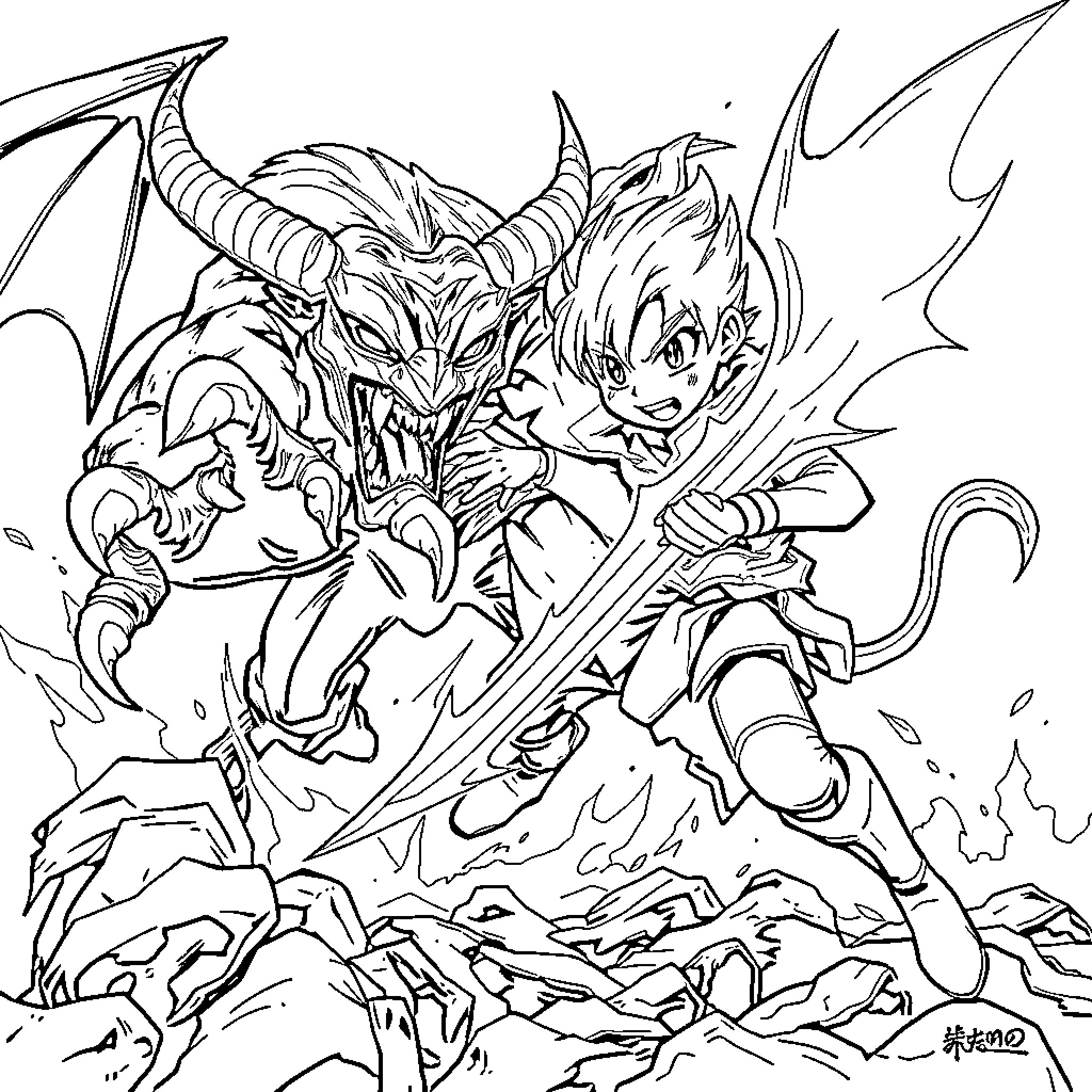 Rumo battles a fearsome dragon with fierce determination Coloring Page (free black-and-white line drawing printable PDF for all, from beginners to advanced learners, including children, teens, adults, and seniors)