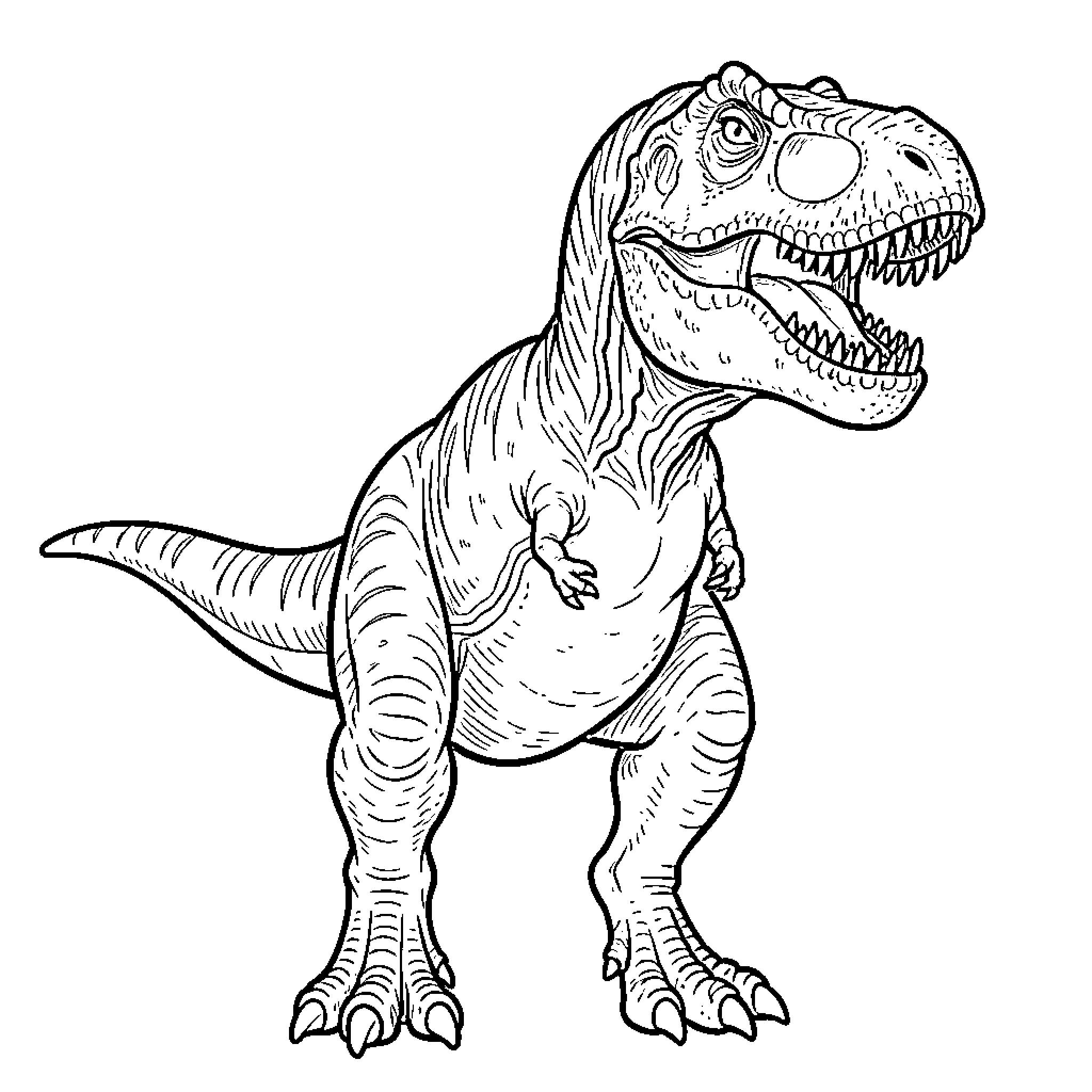 Tyrannosaurus Rex Stalking Prey Coloring Page (free black-and-white line drawing printable PDF for all, from beginners to advanced learners, including children, teens, adults, and seniors)