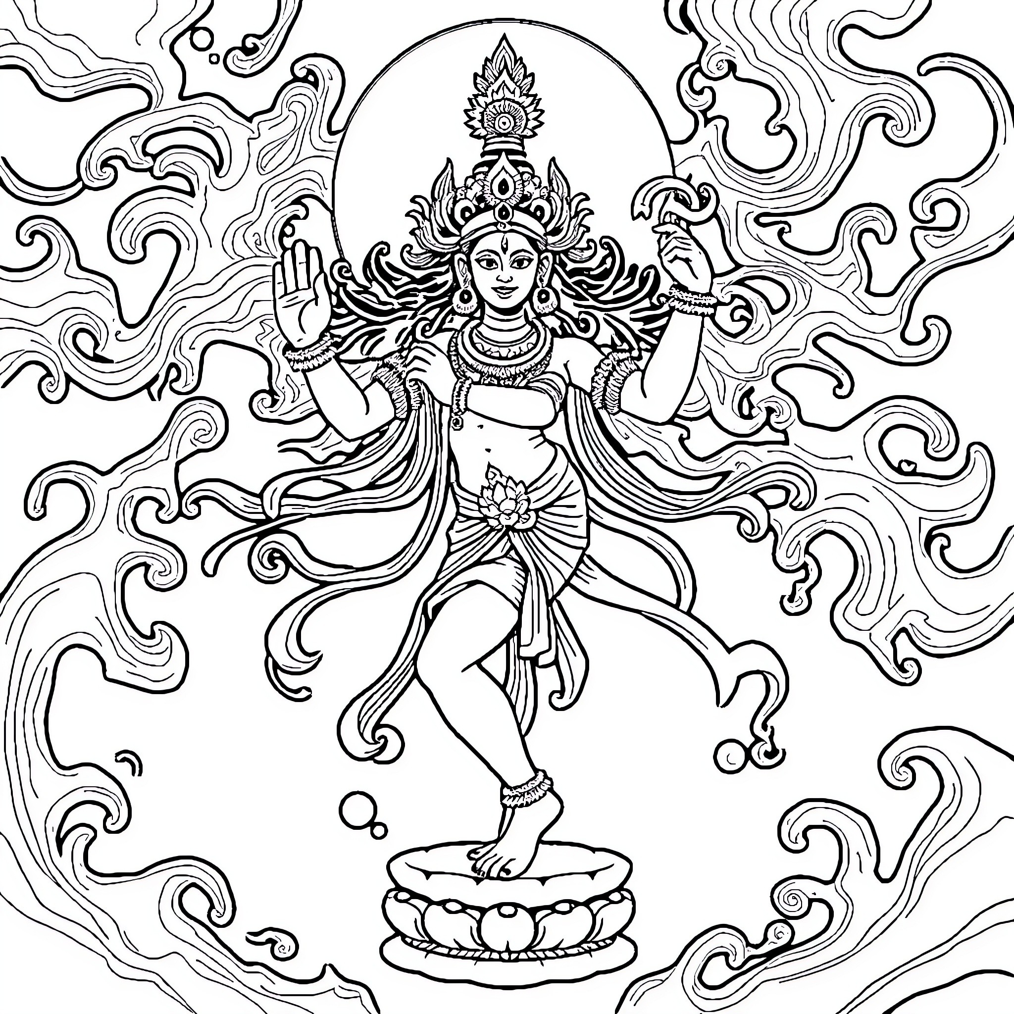 Nataraja, the cosmic dancer in a swirling cosmic dance Coloring Page (free black-and-white line drawing printable PDF for all, from beginners to advanced learners, including children, teens, adults, and seniors)