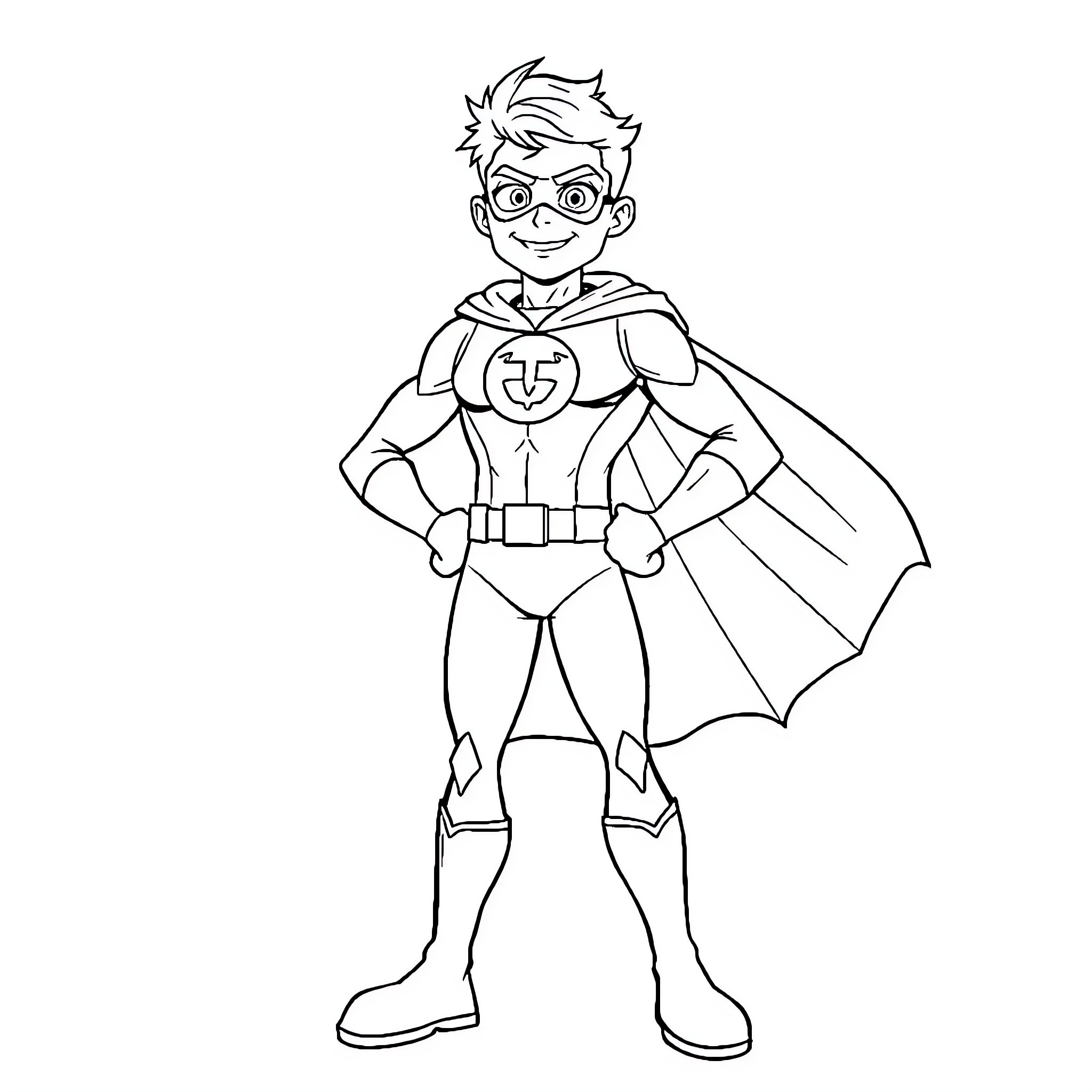 Super Hero with Caped Costume and Emblem Coloring Page (free black-and-white line drawing printable PDF for all, from beginners to advanced learners, including children, teens, adults, and seniors)