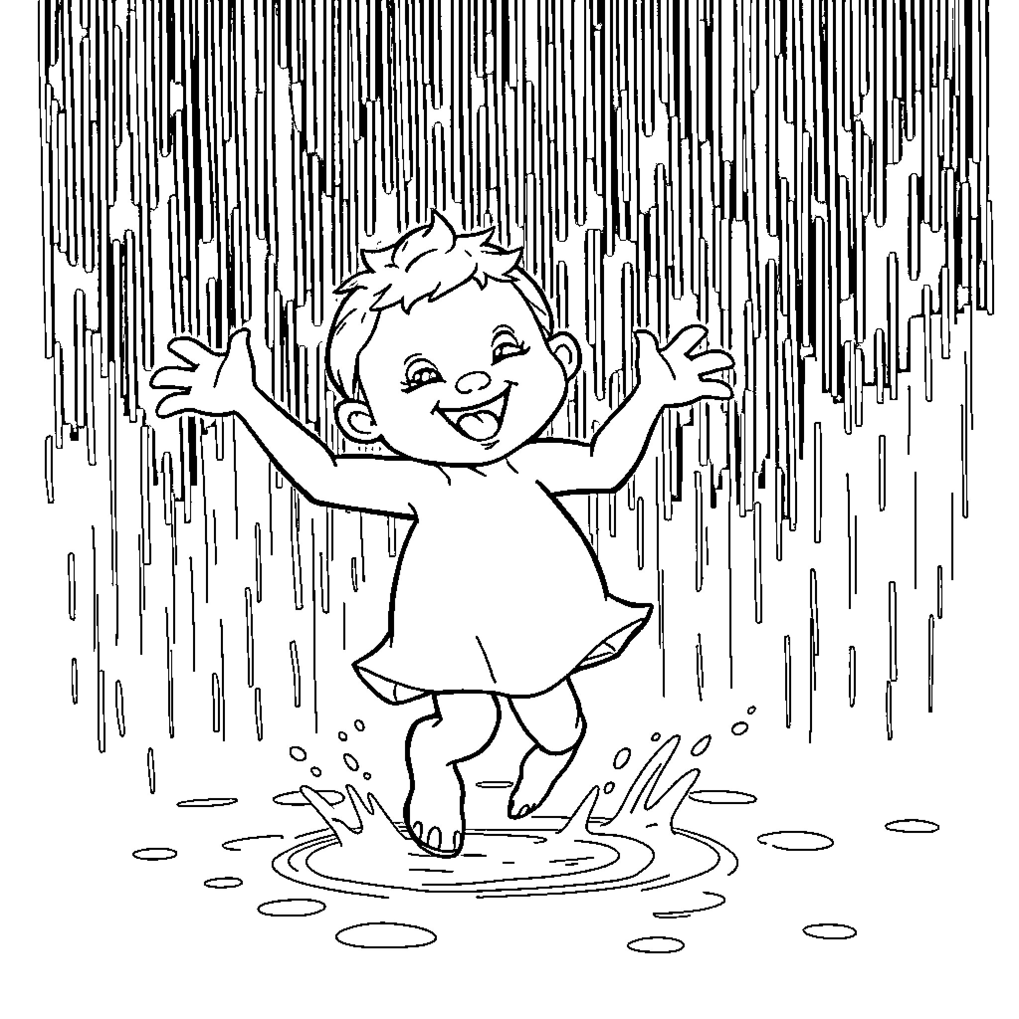 Labubu happily playing in the rain Coloring Page (free black-and-white line drawing printable PDF for all, from beginners to advanced learners, including children, teens, adults, and seniors)