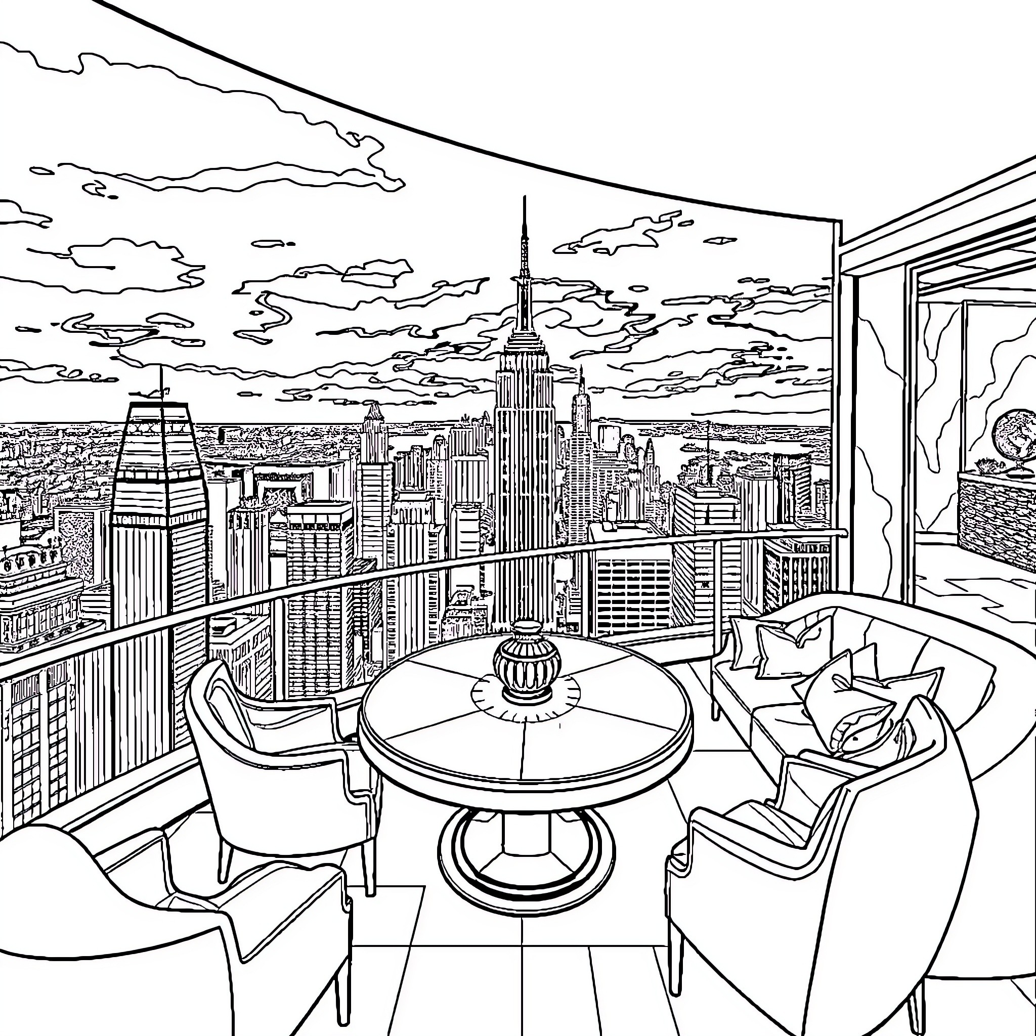 Mansion with Cityscape View and Outdoor Furniture Coloring Page (free black-and-white line drawing printable PDF for all, from beginners to advanced learners, including children, teens, adults, and seniors)