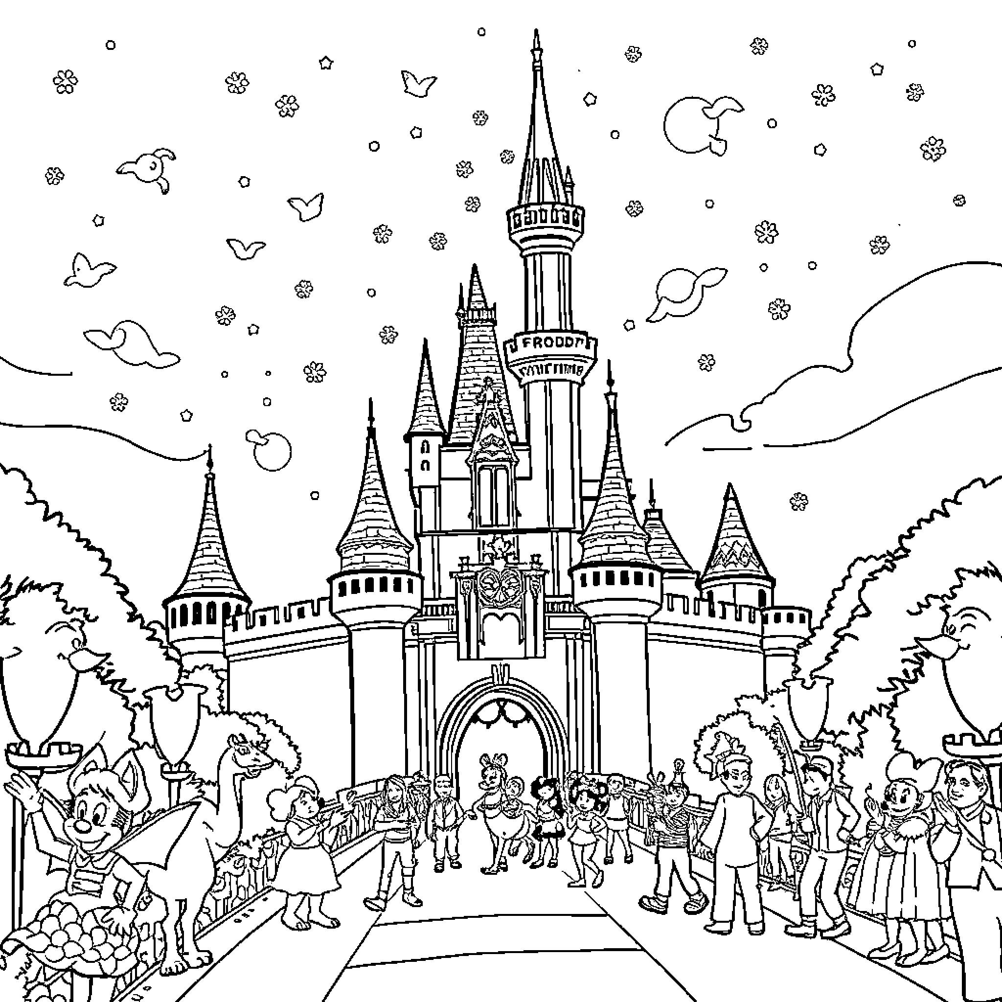 Disney characters enjoy magical castle adventure Coloring Page (free black-and-white line drawing printable PDF for all, from beginners to advanced learners, including children, teens, adults, and seniors)