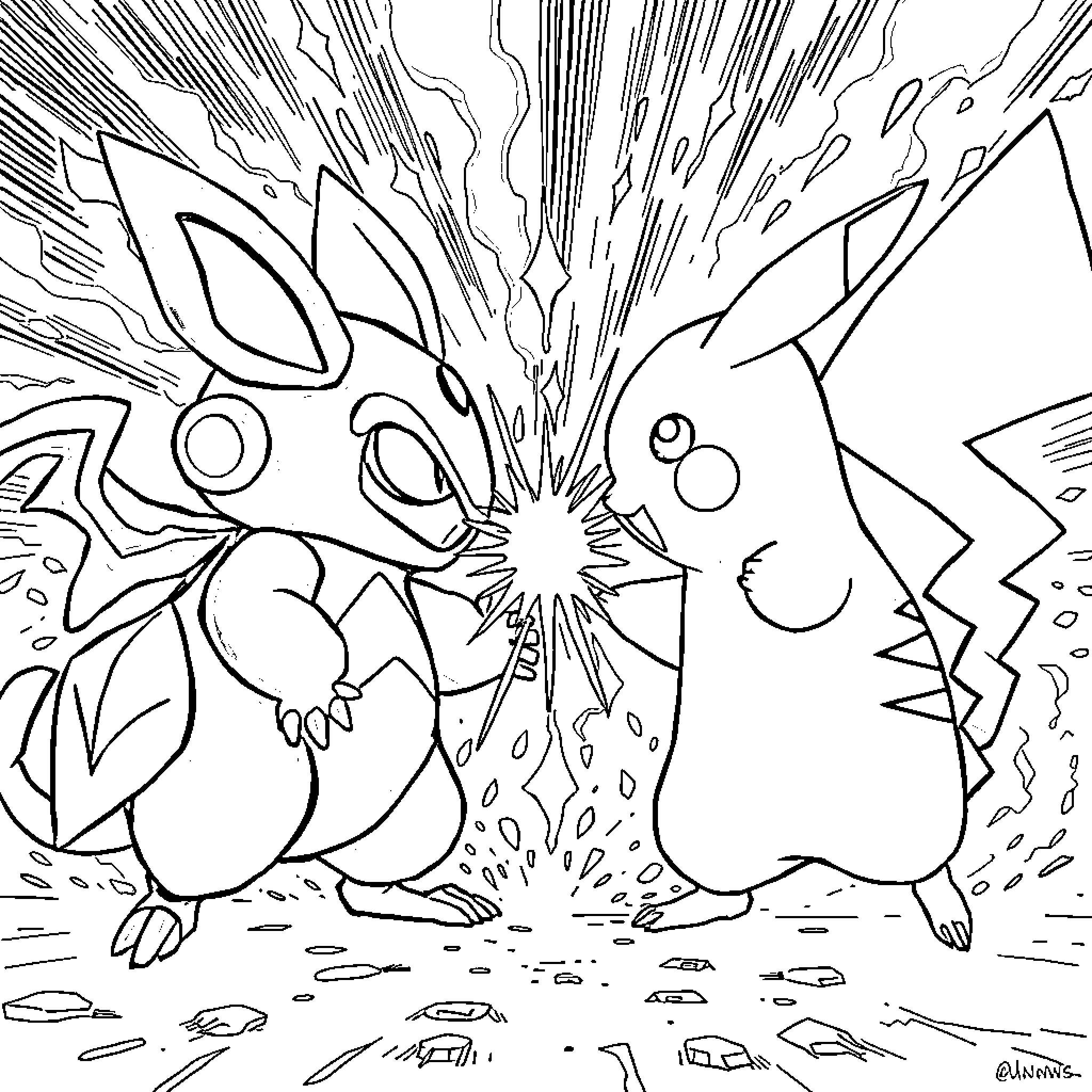 Labubu Pokemon characters in epic battle Coloring Page (free black-and-white line drawing printable PDF for all, from beginners to advanced learners, including children, teens, adults, and seniors)
