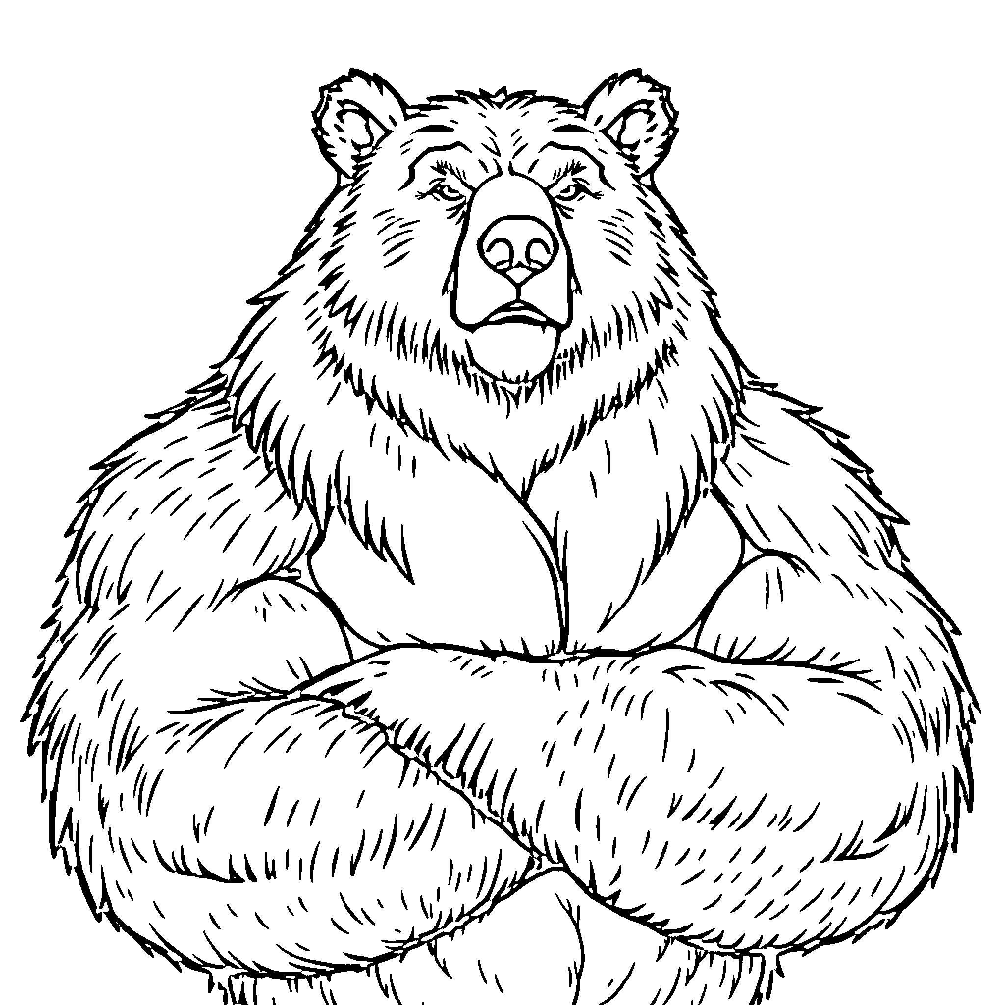 Bear sitting with crossed arms Coloring Page (free black-and-white line drawing printable PDF for all, from beginners to advanced learners, including children, teens, adults, and seniors)