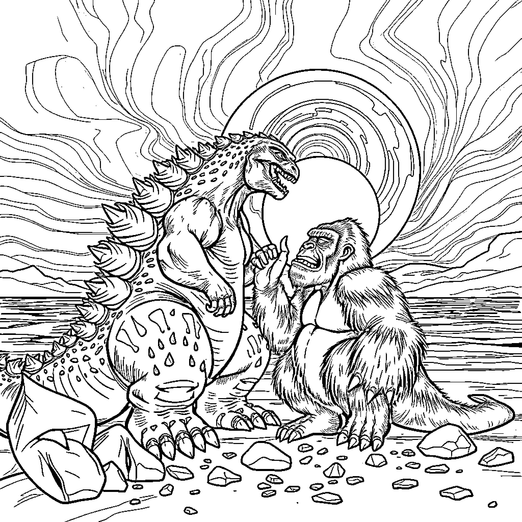 Godzilla confronting a mysterious creature in an ominous landscape Coloring Page (free black-and-white line drawing printable PDF for all, from beginners to advanced learners, including children, teens, adults, and seniors)