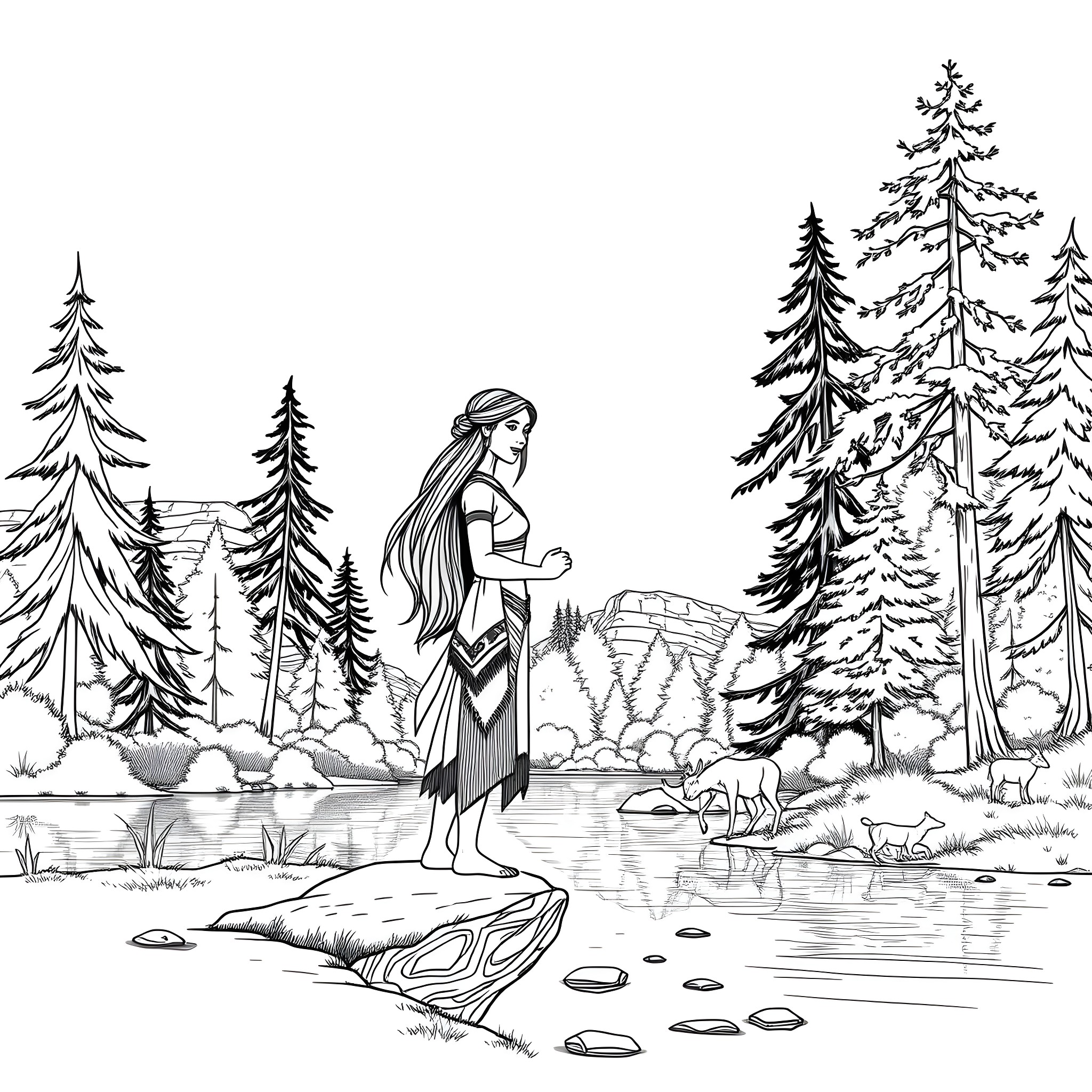 Pocahontas exploring the serene forest landscape Coloring Page (free black-and-white line drawing printable PDF for all, from beginners to advanced learners, including children, teens, adults, and seniors)
